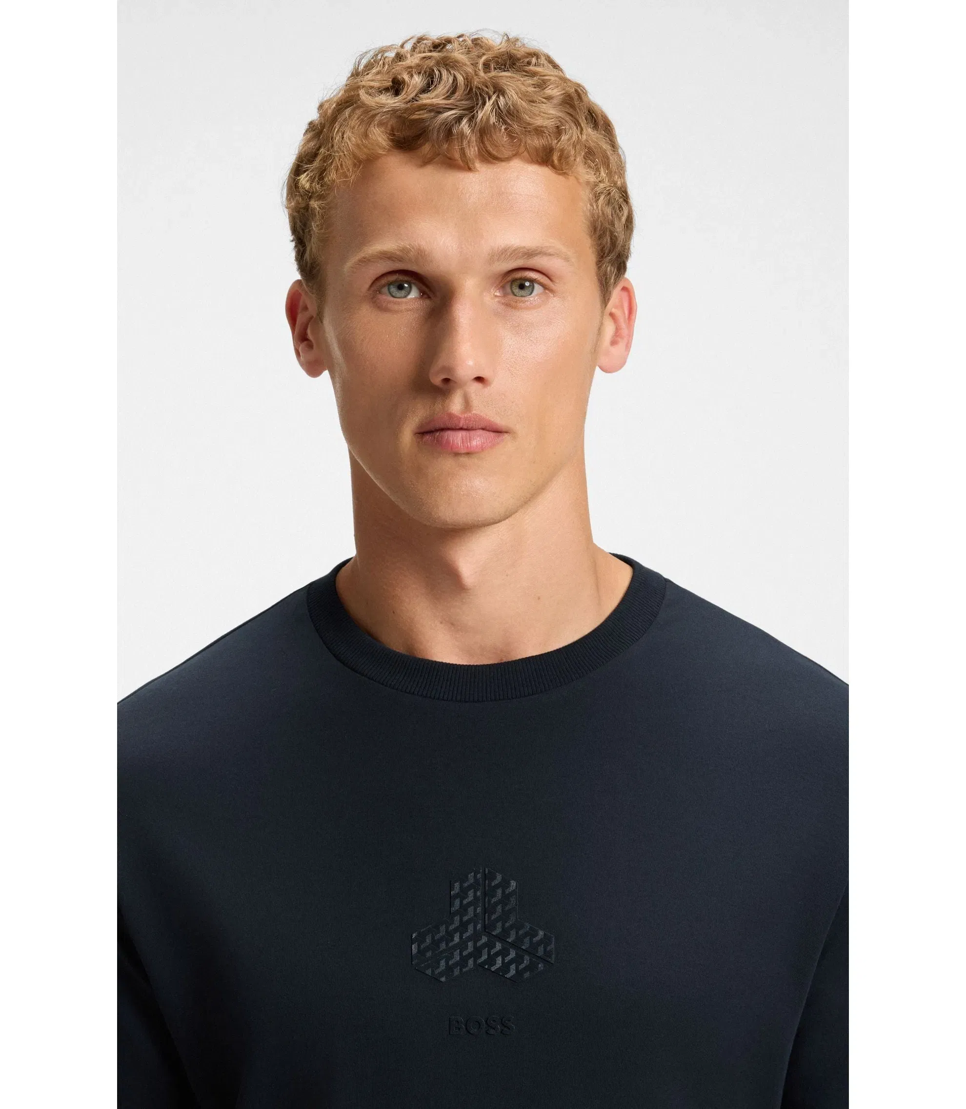 Boss Tonal Artwork T-Shirt In Interlock Cotton Dark Blue