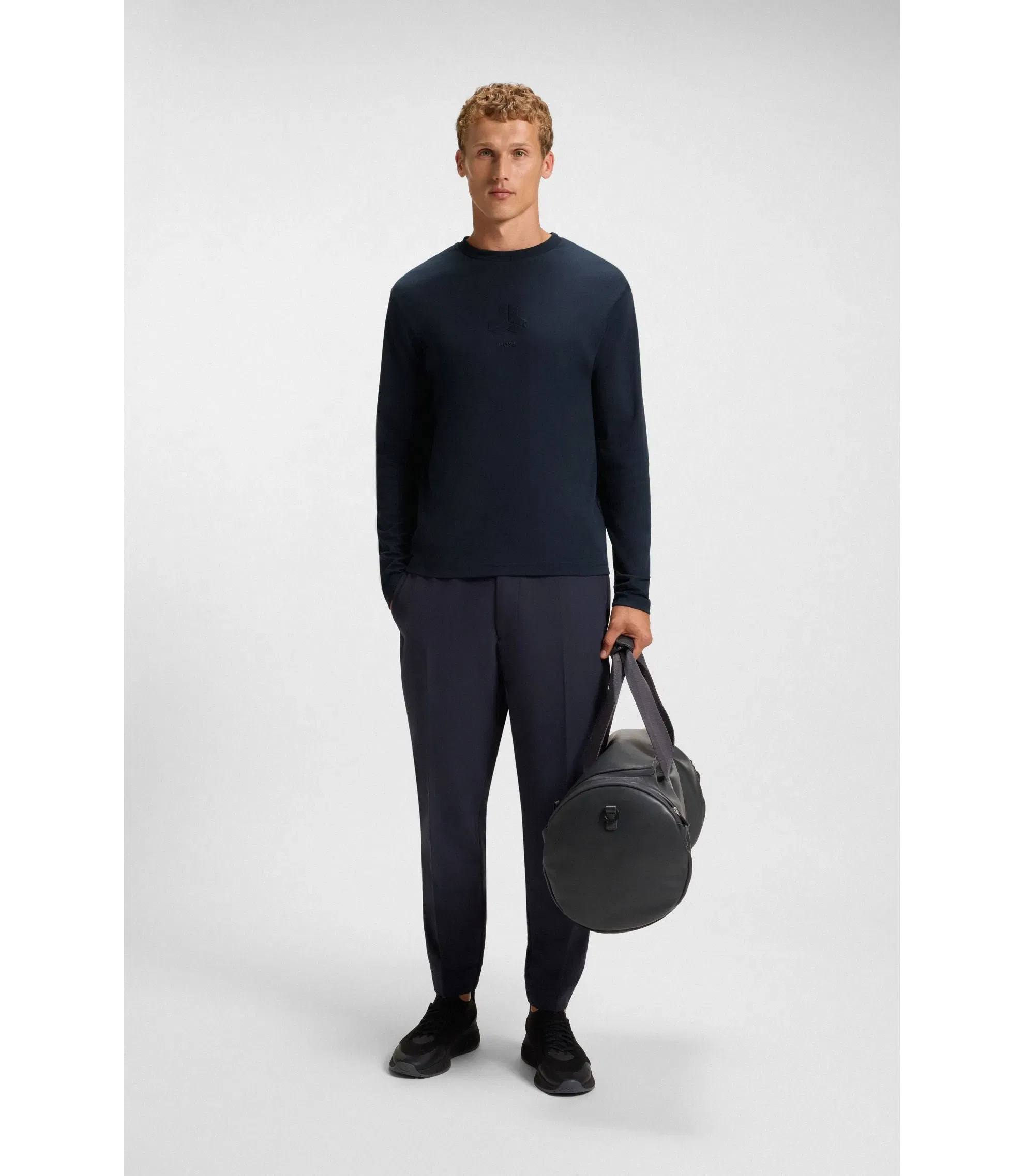 Boss Tonal Artwork T-Shirt In Interlock Cotton Dark Blue