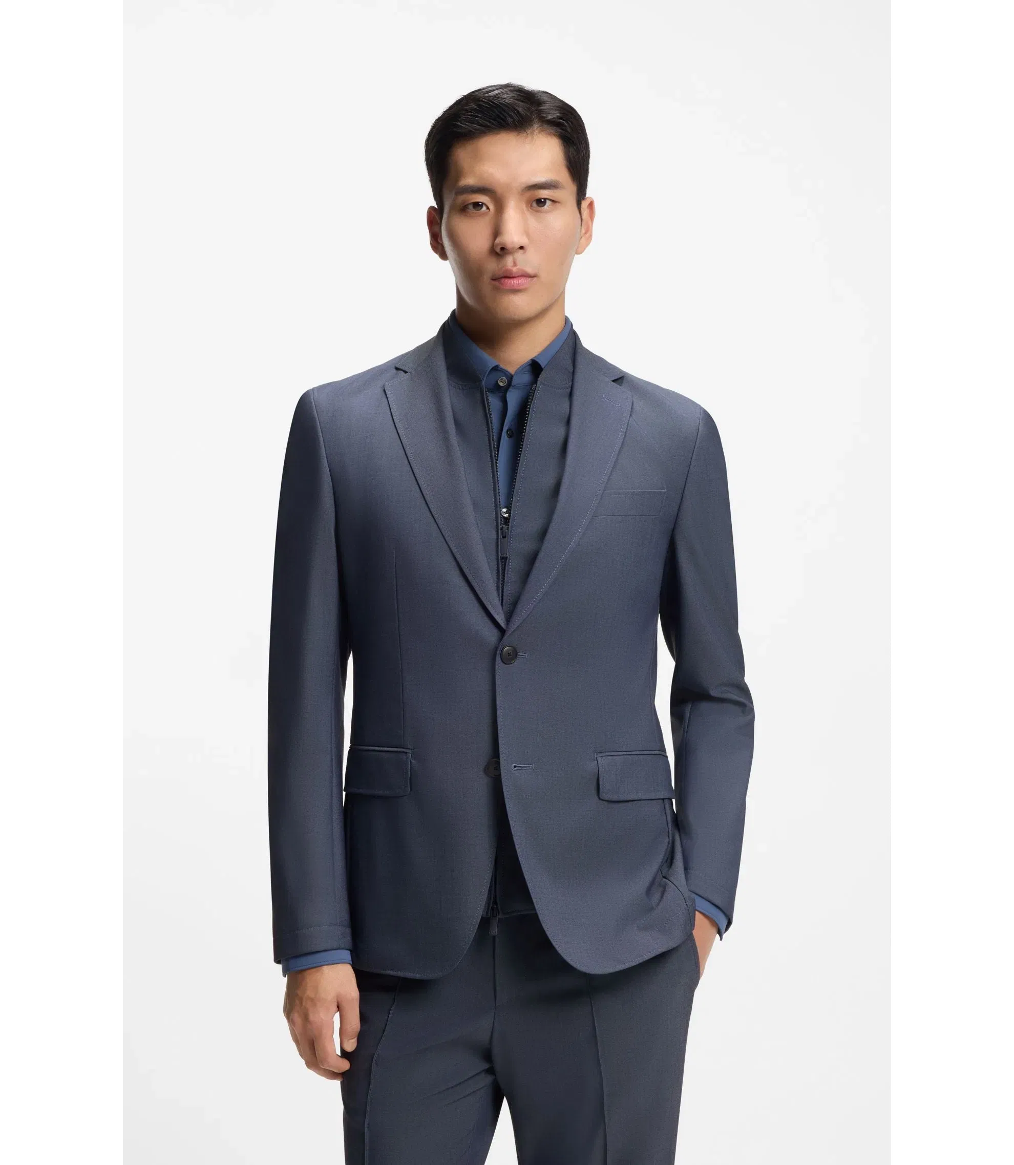 Boss Three Piece Slim Fit Suit With Zip Waistcoat Light Blue