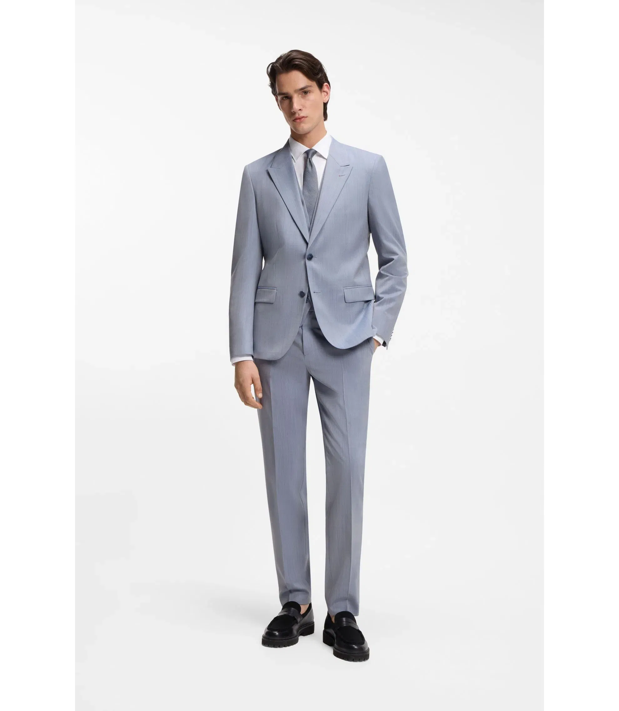 Hugo Three Piece Slim Fit Suit In Wool Blend Poplin Purple