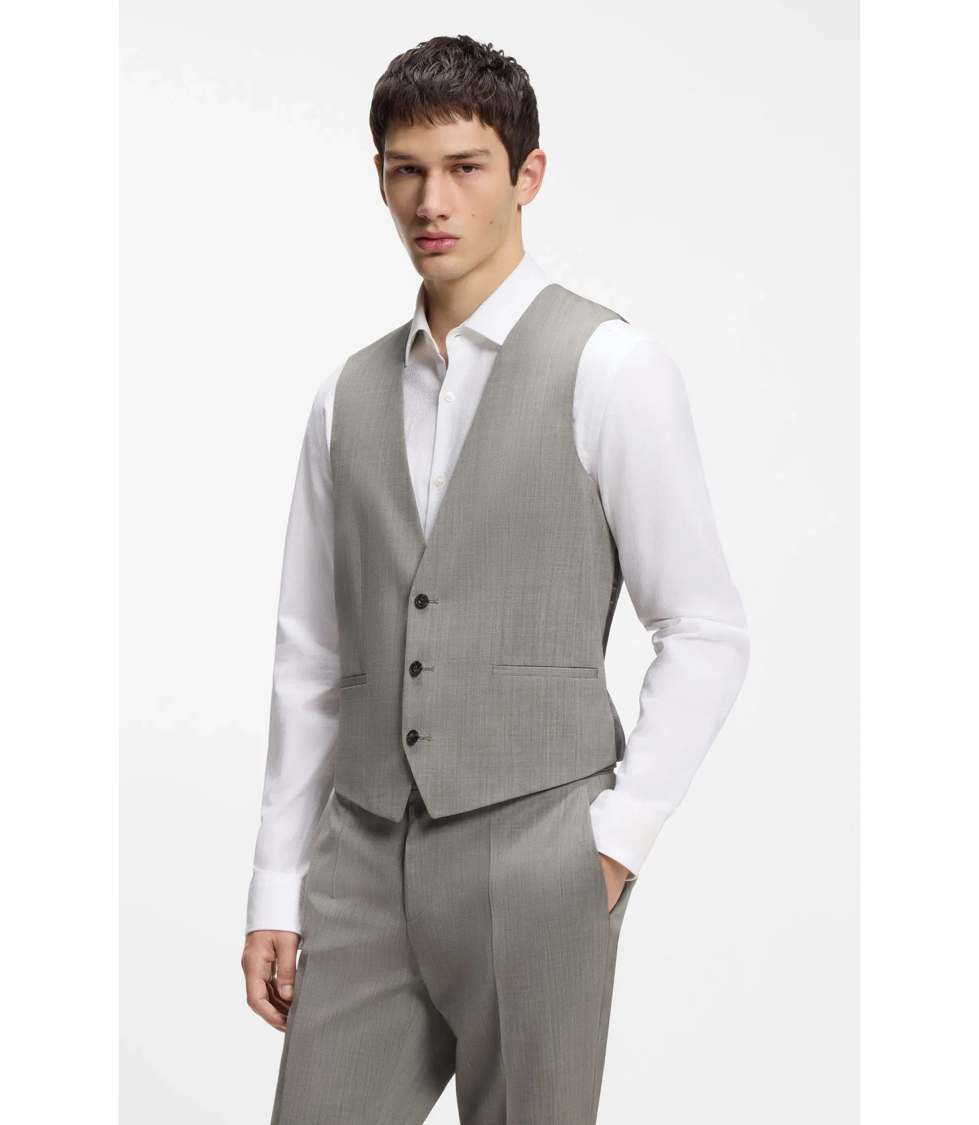 Hugo Three Piece Slim Fit Suit In Wool Blend Poplin Light Green