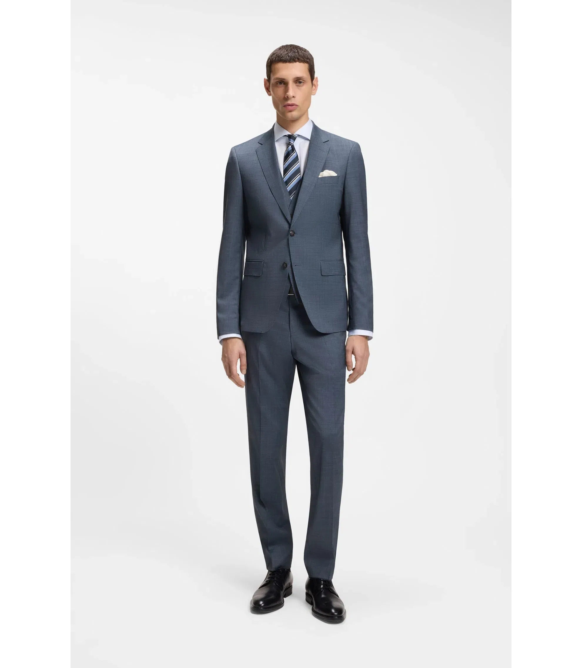 Boss Three Piece Slim Fit Suit In Patterned Stretch Wool Light Blue