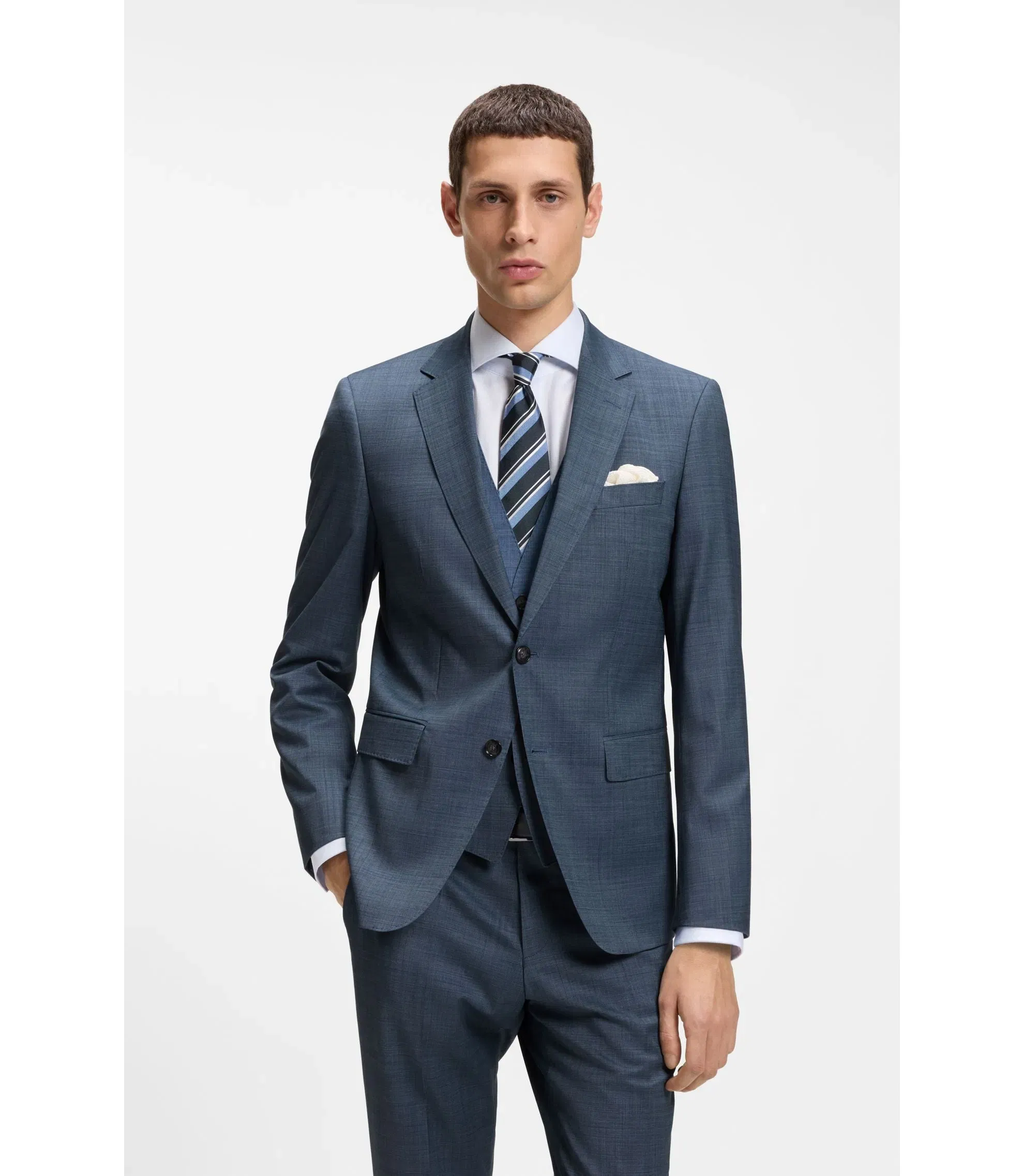 Boss Three Piece Slim Fit Suit In Patterned Stretch Wool Light Blue
