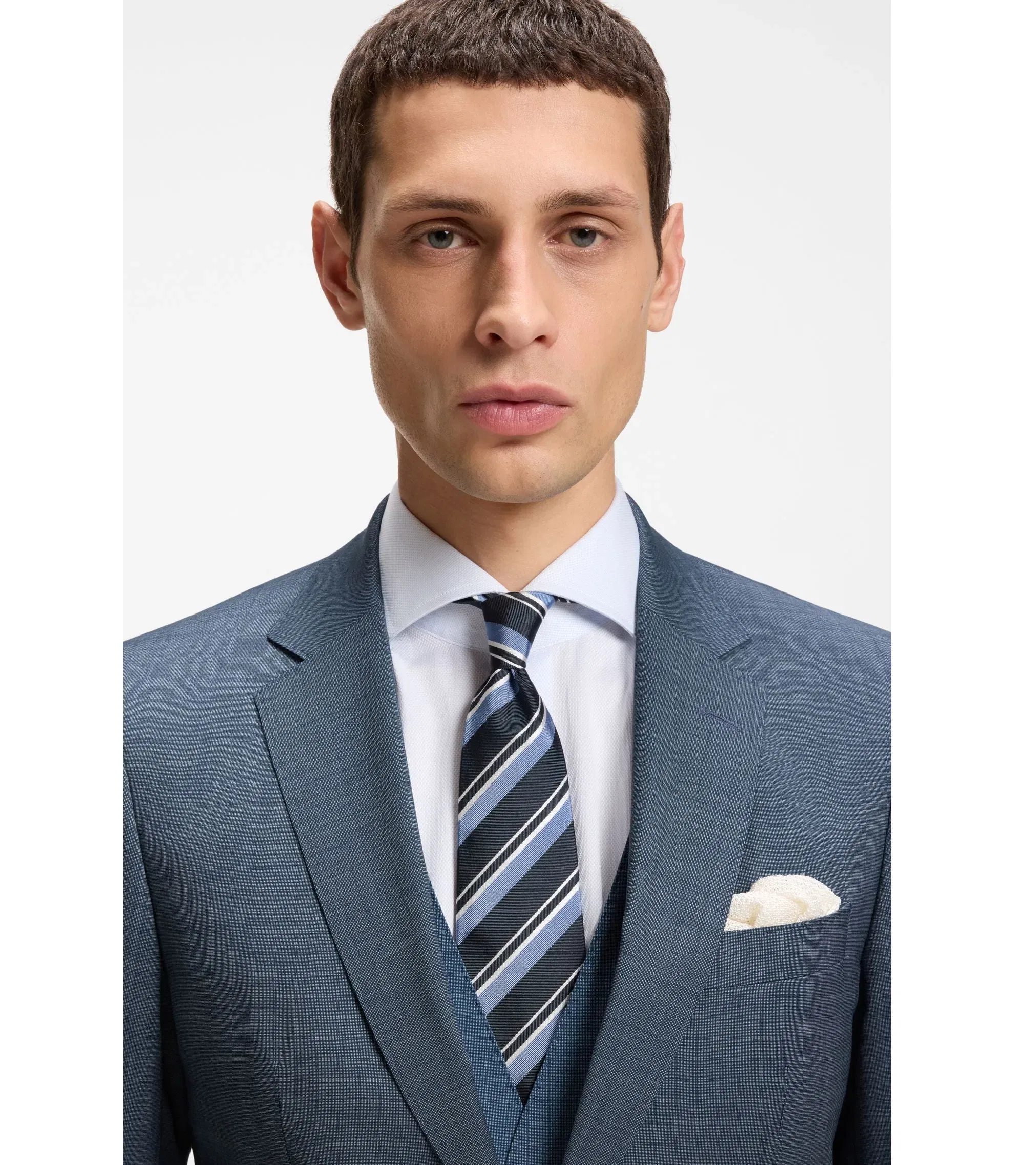 Boss Three Piece Slim Fit Suit In Patterned Stretch Wool Light Blue