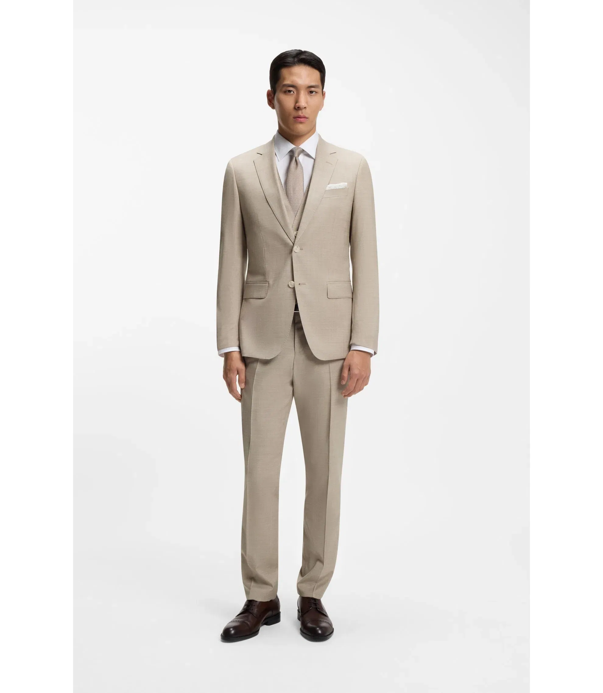 Boss Three Piece Slim Fit Suit In Patterned Stretch Wool Khaki