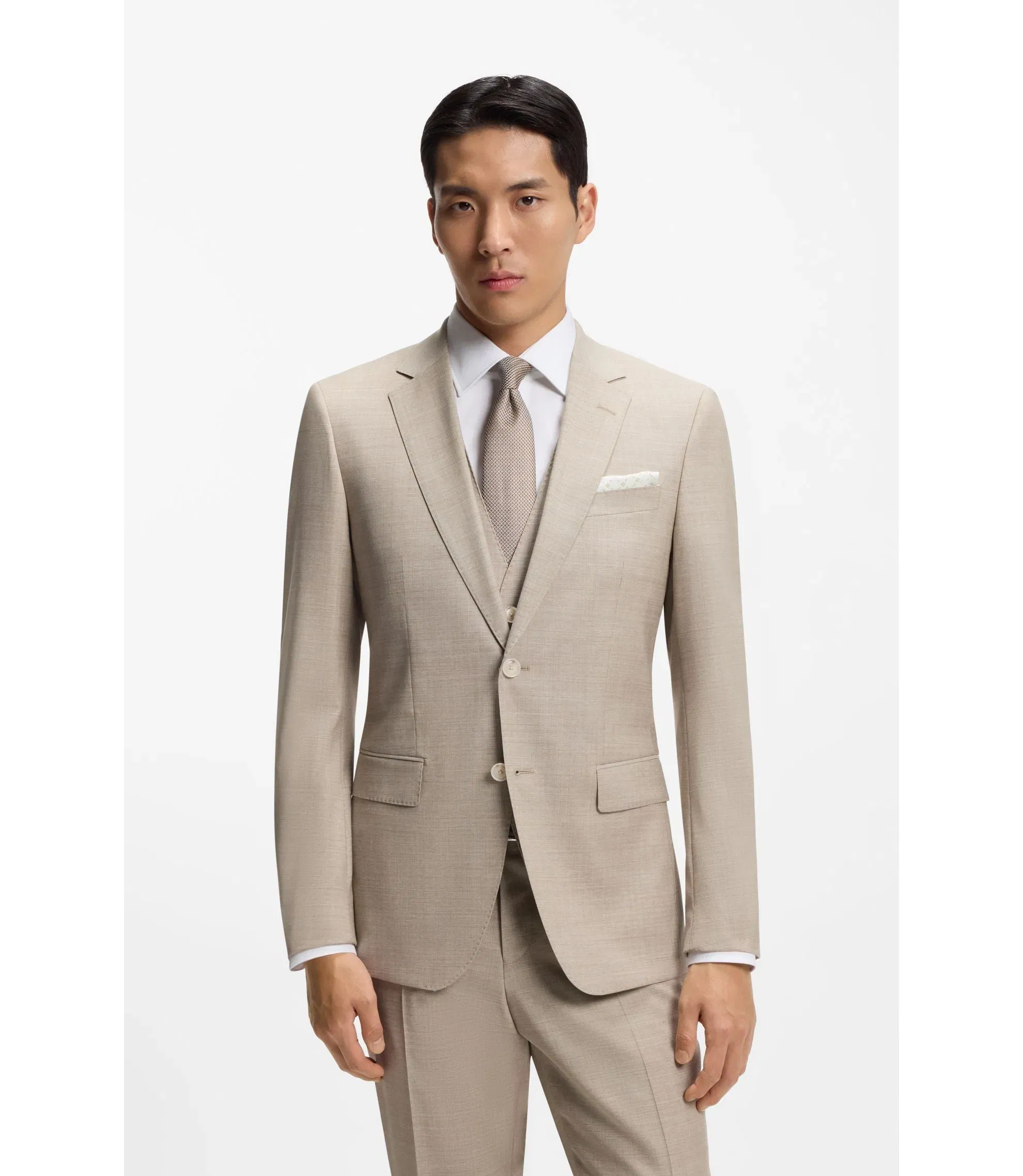 Boss Three Piece Slim Fit Suit In Patterned Stretch Wool Khaki