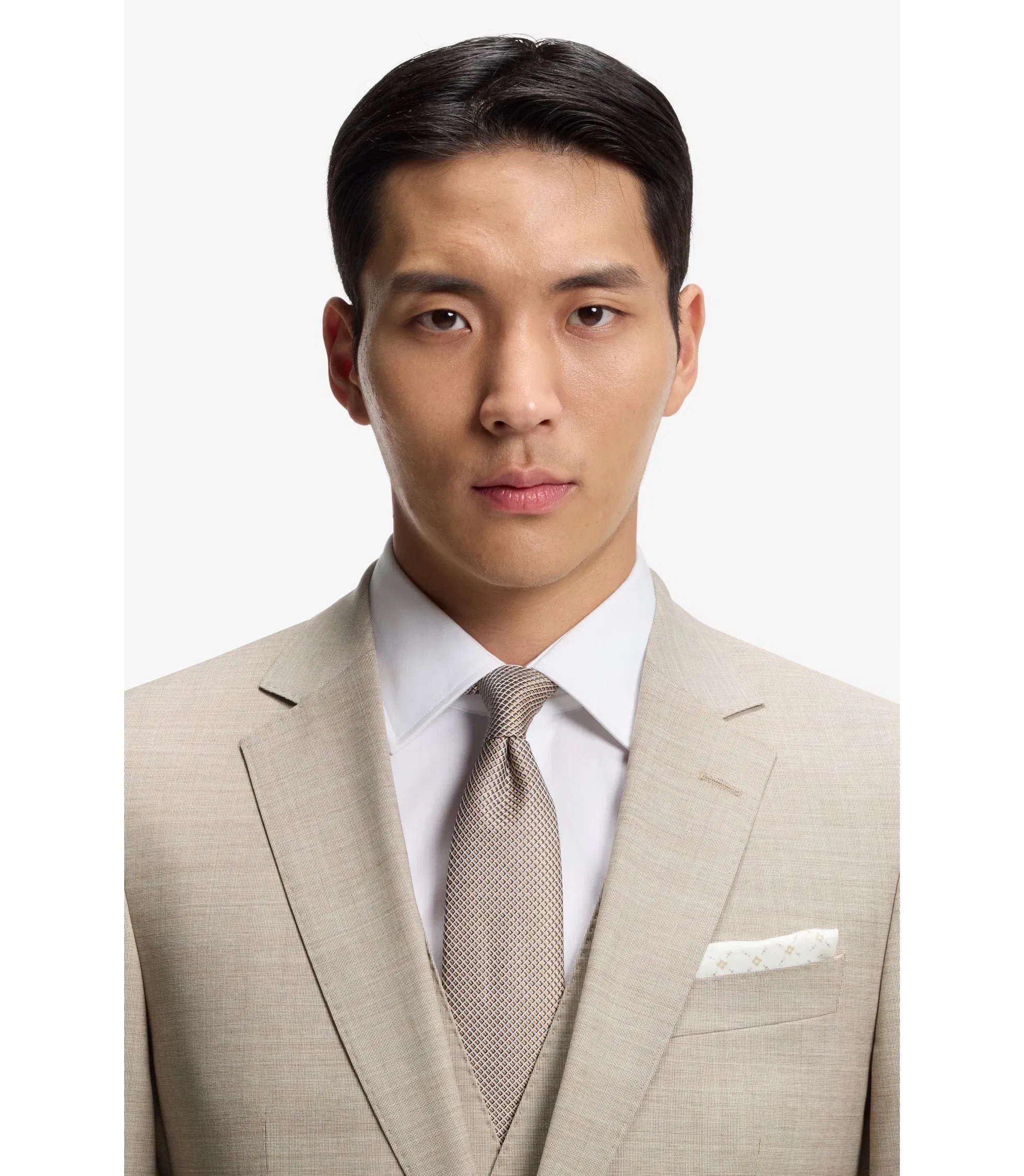 Boss Three Piece Slim Fit Suit In Patterned Stretch Wool Khaki