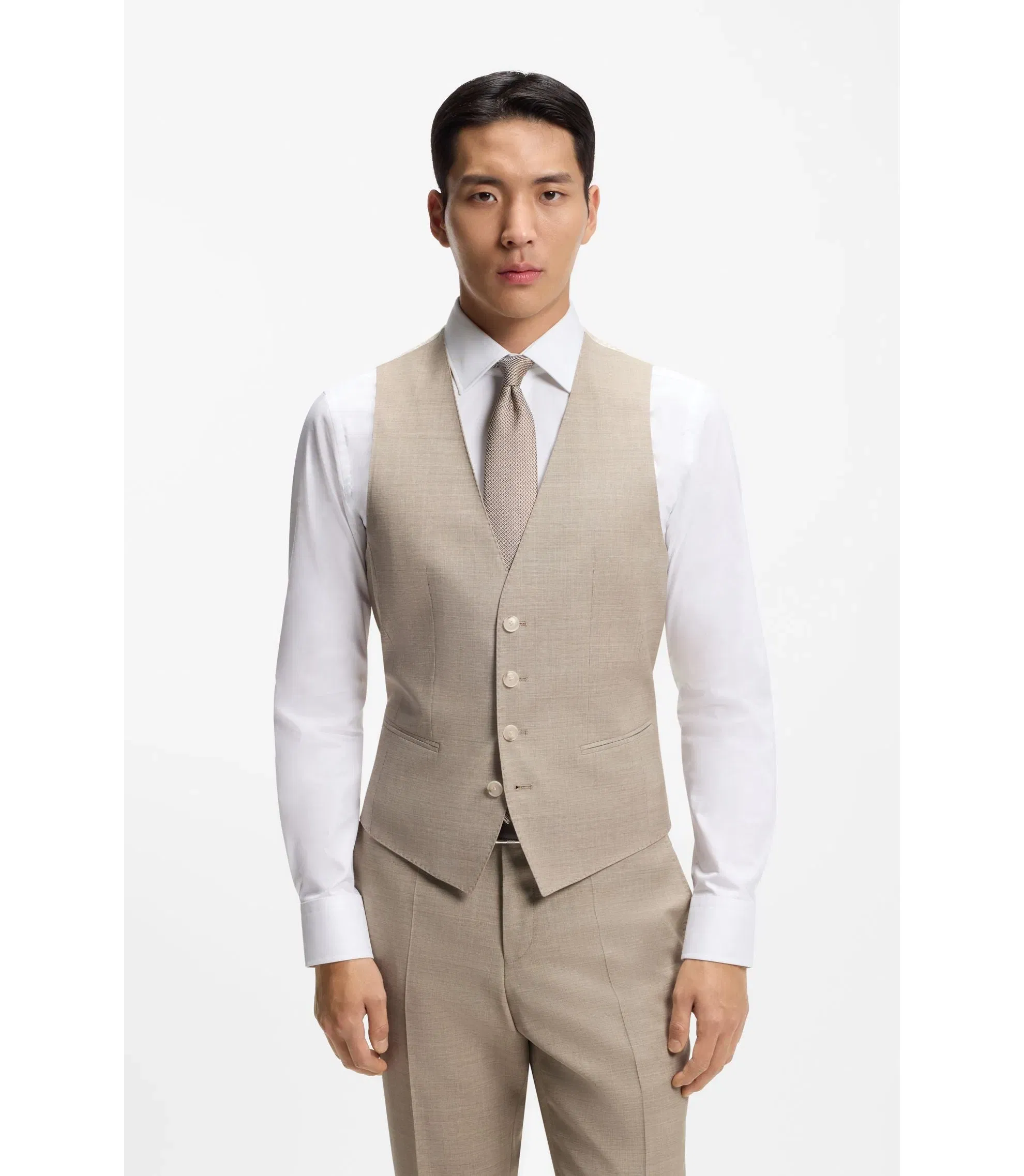 Boss Three Piece Slim Fit Suit In Patterned Stretch Wool Khaki