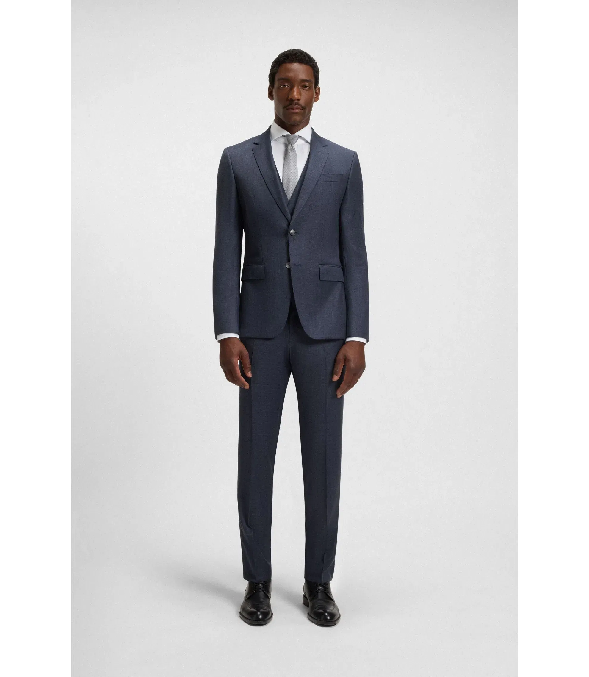 Boss Three Piece Slim Fit Suit In Patterned Stretch Wool Dark Blue