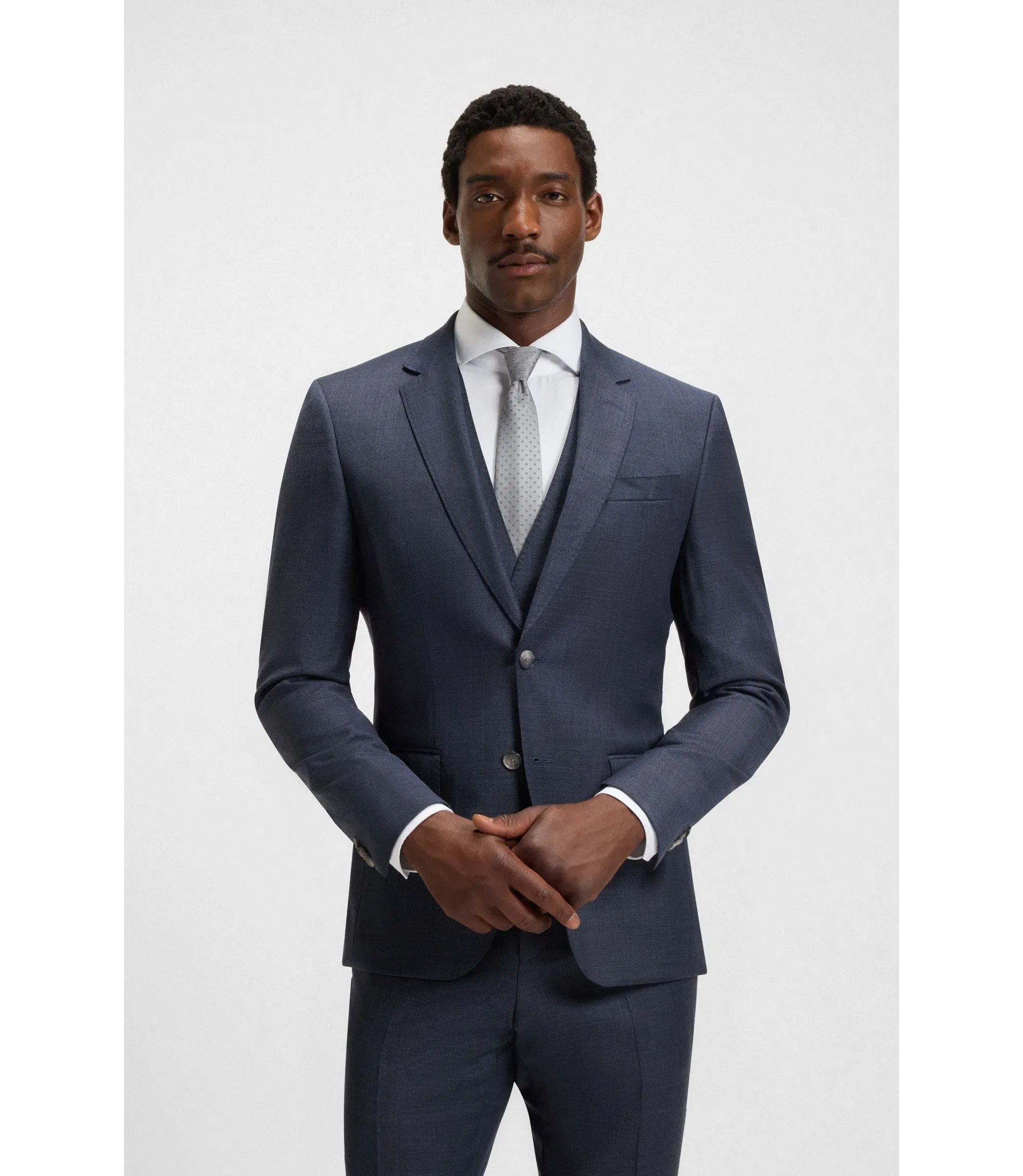 Boss Three Piece Slim Fit Suit In Patterned Stretch Wool Dark Blue