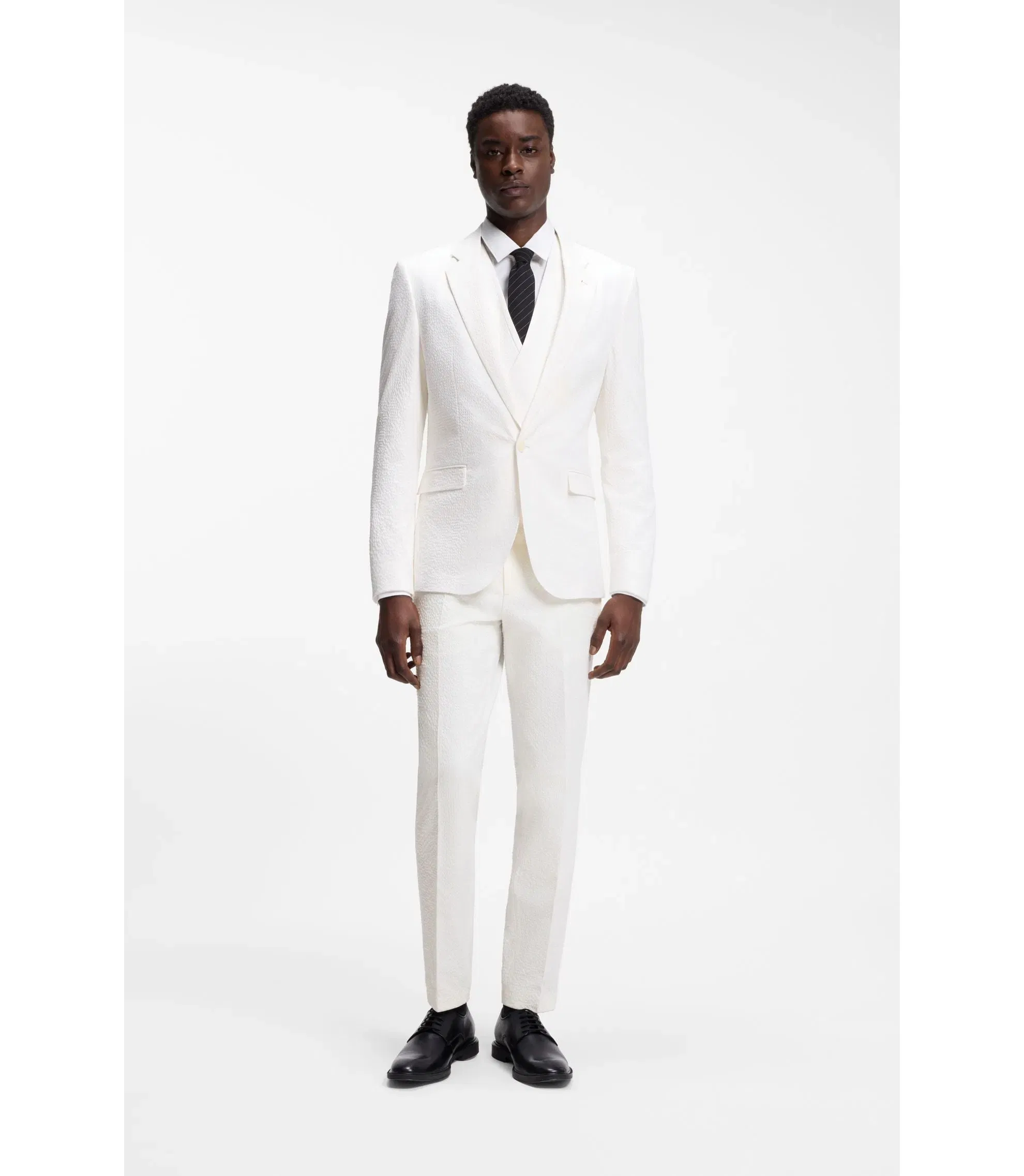 Hugo Three Piece Extra Slim Fit Suit In Stretch Cotton Seersucker White