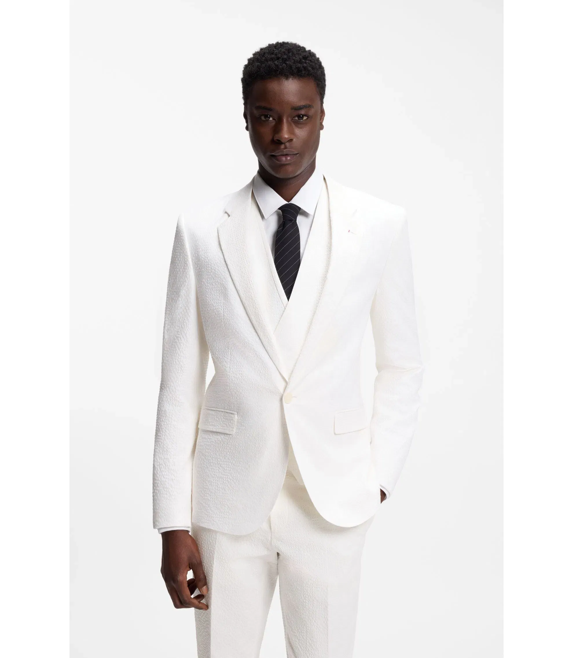 Hugo Three Piece Extra Slim Fit Suit In Stretch Cotton Seersucker White