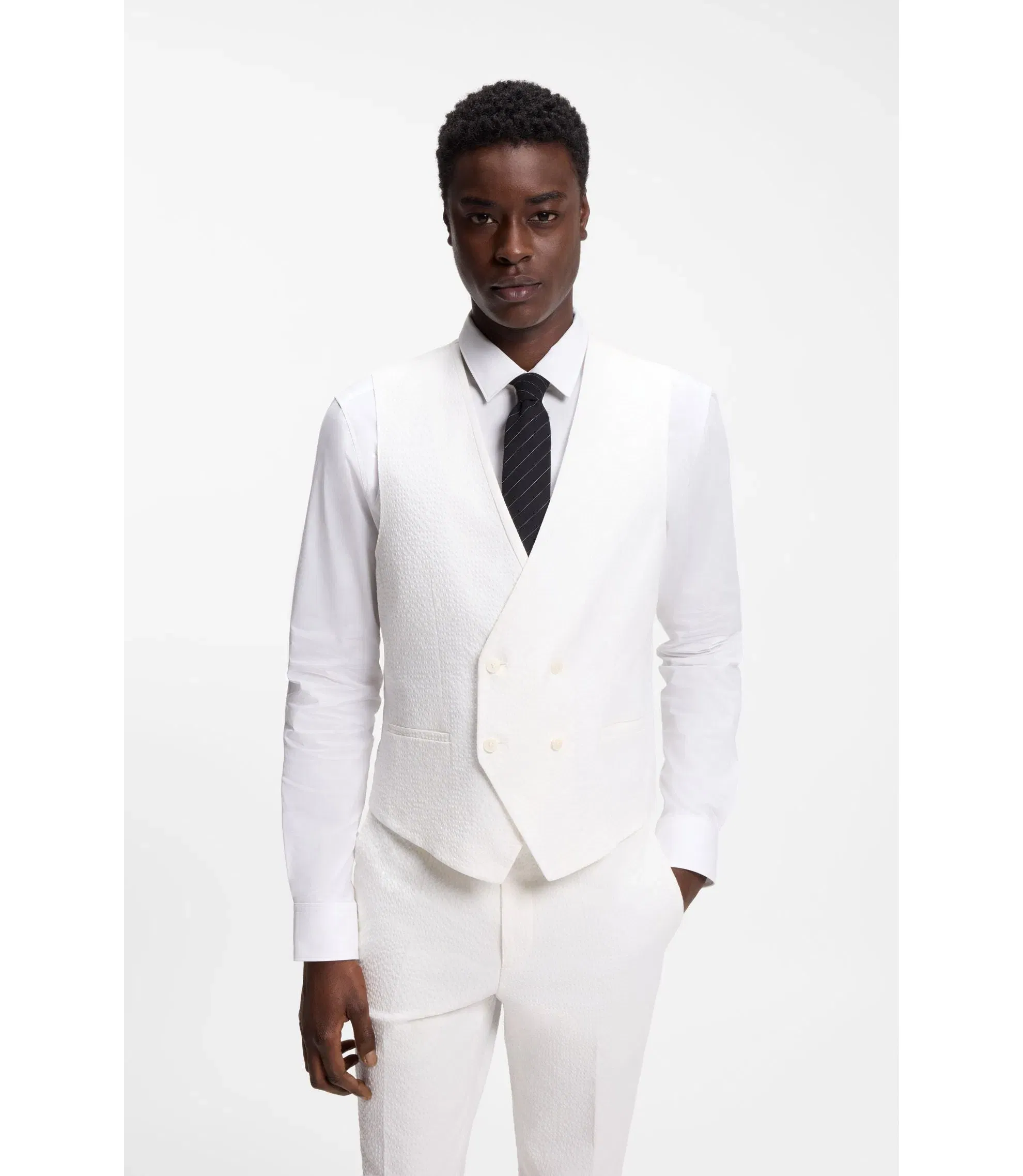 Hugo Three Piece Extra Slim Fit Suit In Stretch Cotton Seersucker White