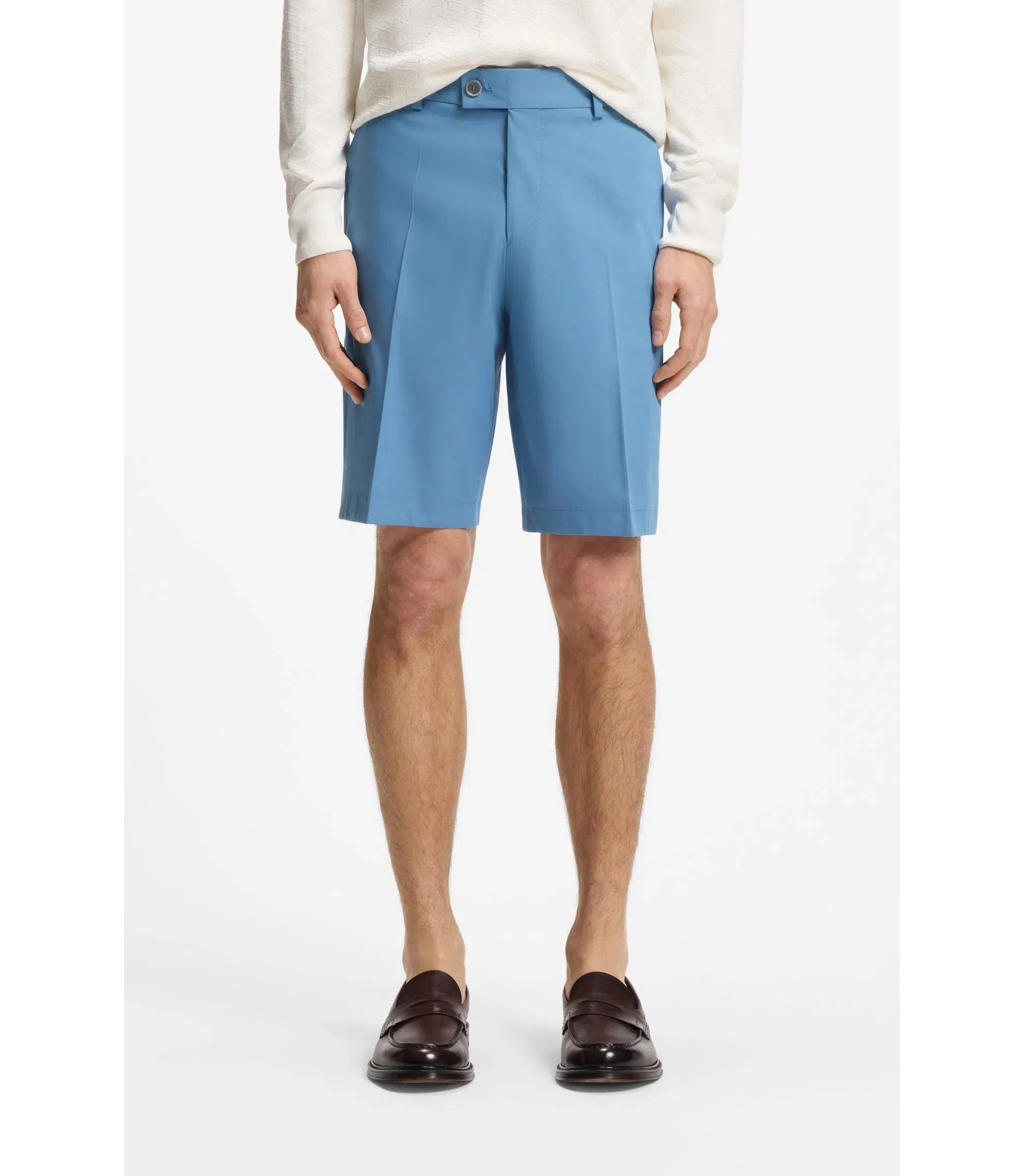 Boss Tapered Fit Shorts In Cotton Silk And Stretch Light Blue