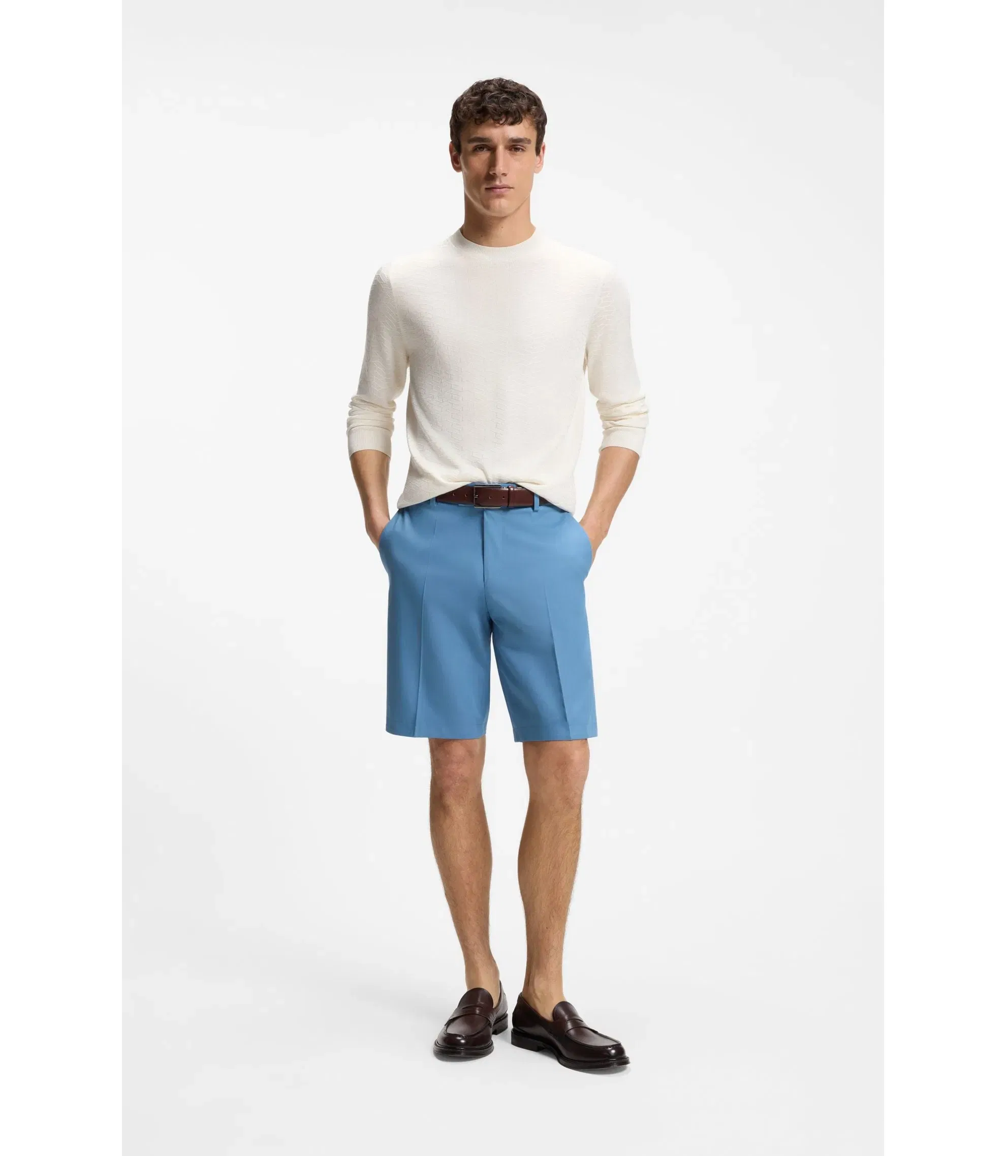 Boss Tapered Fit Shorts In Cotton Silk And Stretch Light Blue