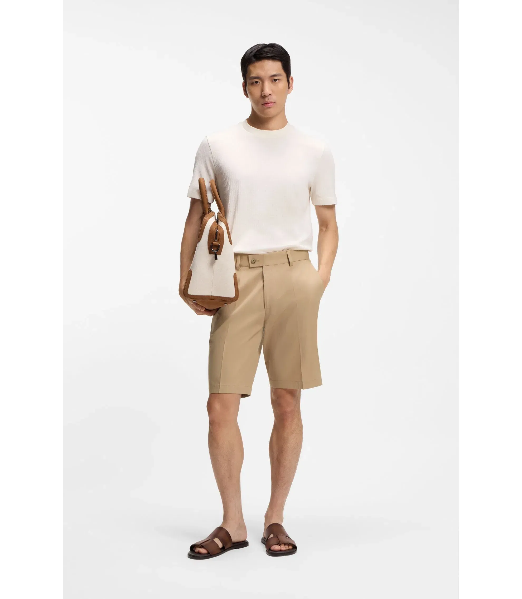 Boss Tapered Fit Shorts In Cotton Silk And Stretch Beige