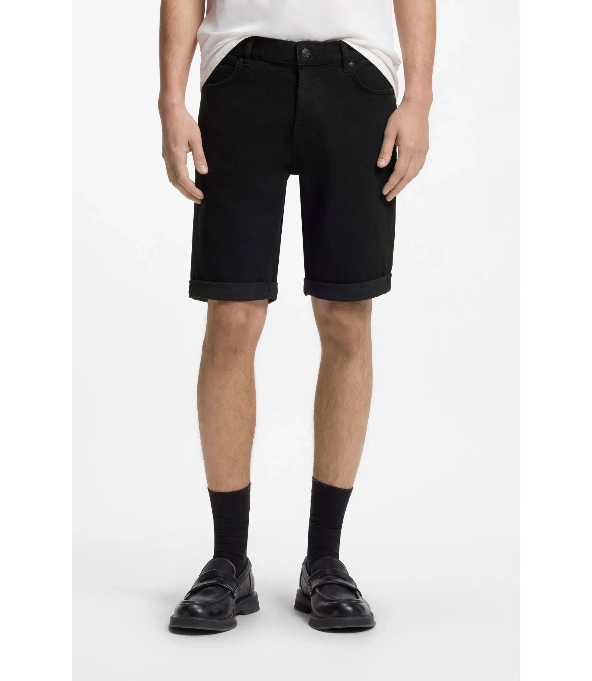 Hugo Tapered Fit Shorts In Black Stretch Denim Black