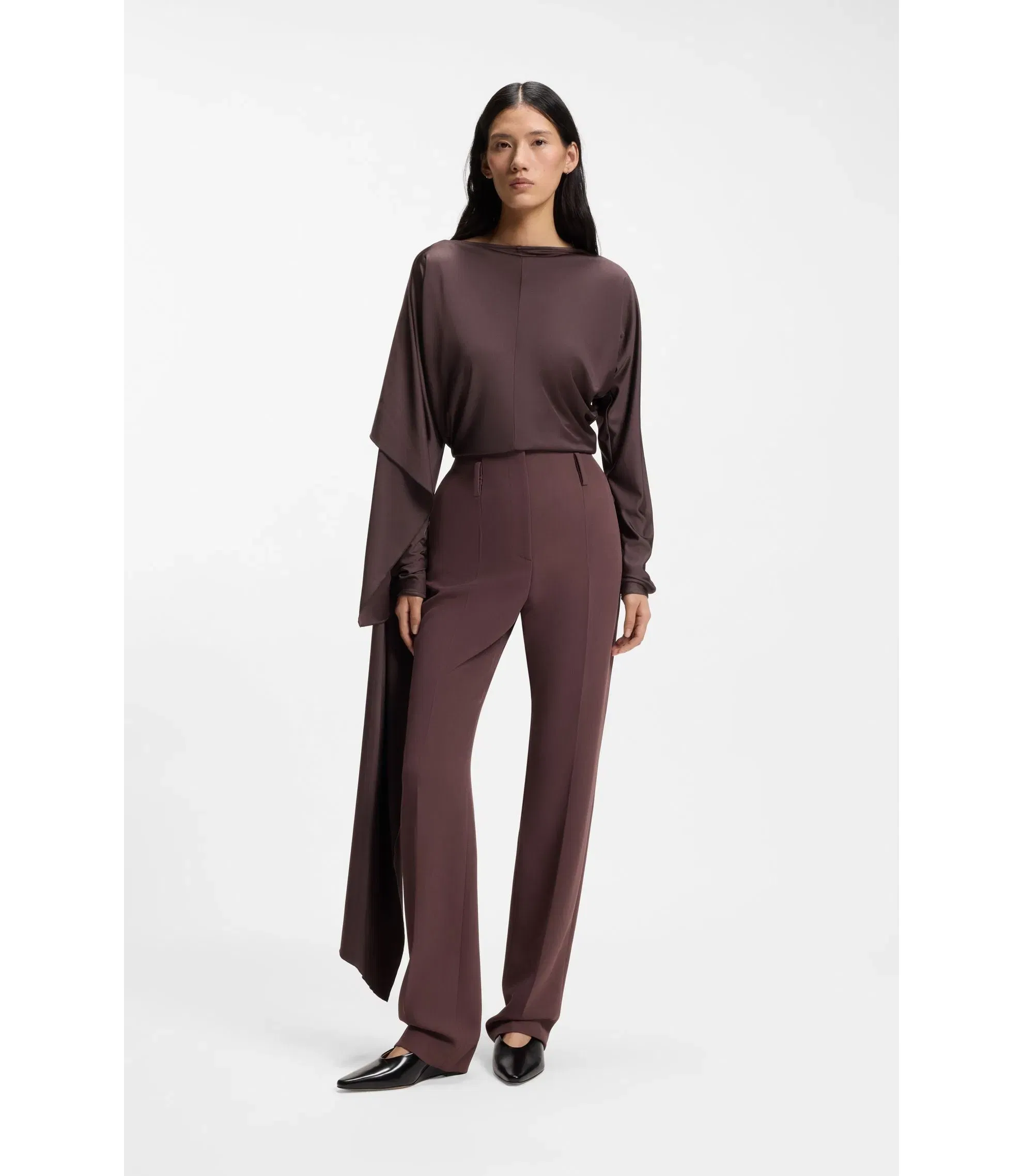 Boss Tailored Virgin Wool Blend Trousers Dark Brown Women's