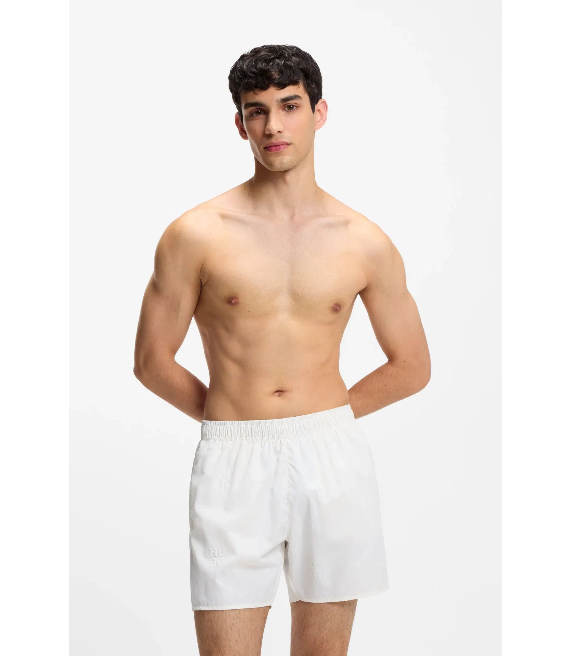 Hugo Swim Shorts With All Over Stacked Logos Light Beige