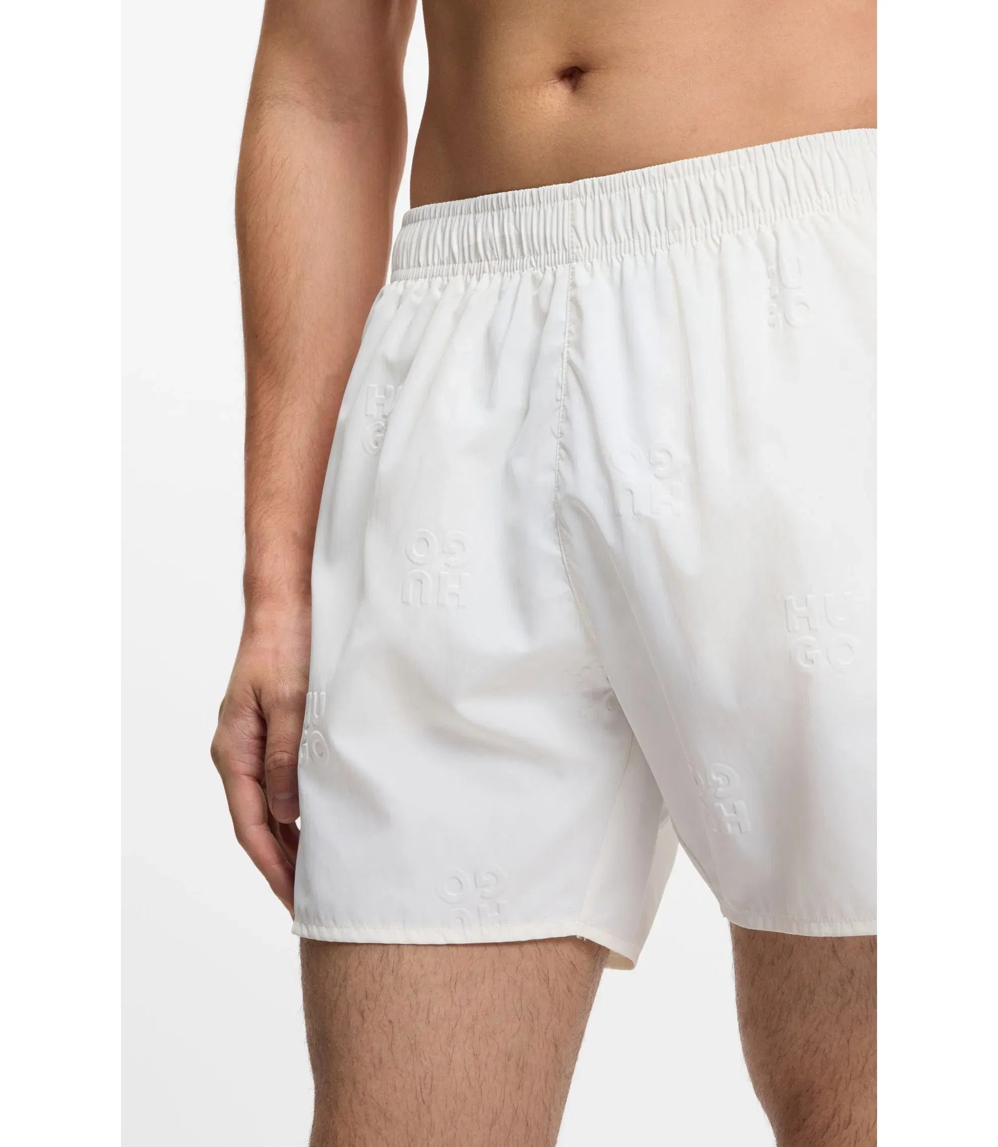 Hugo Swim Shorts With All Over Stacked Logos Light Beige