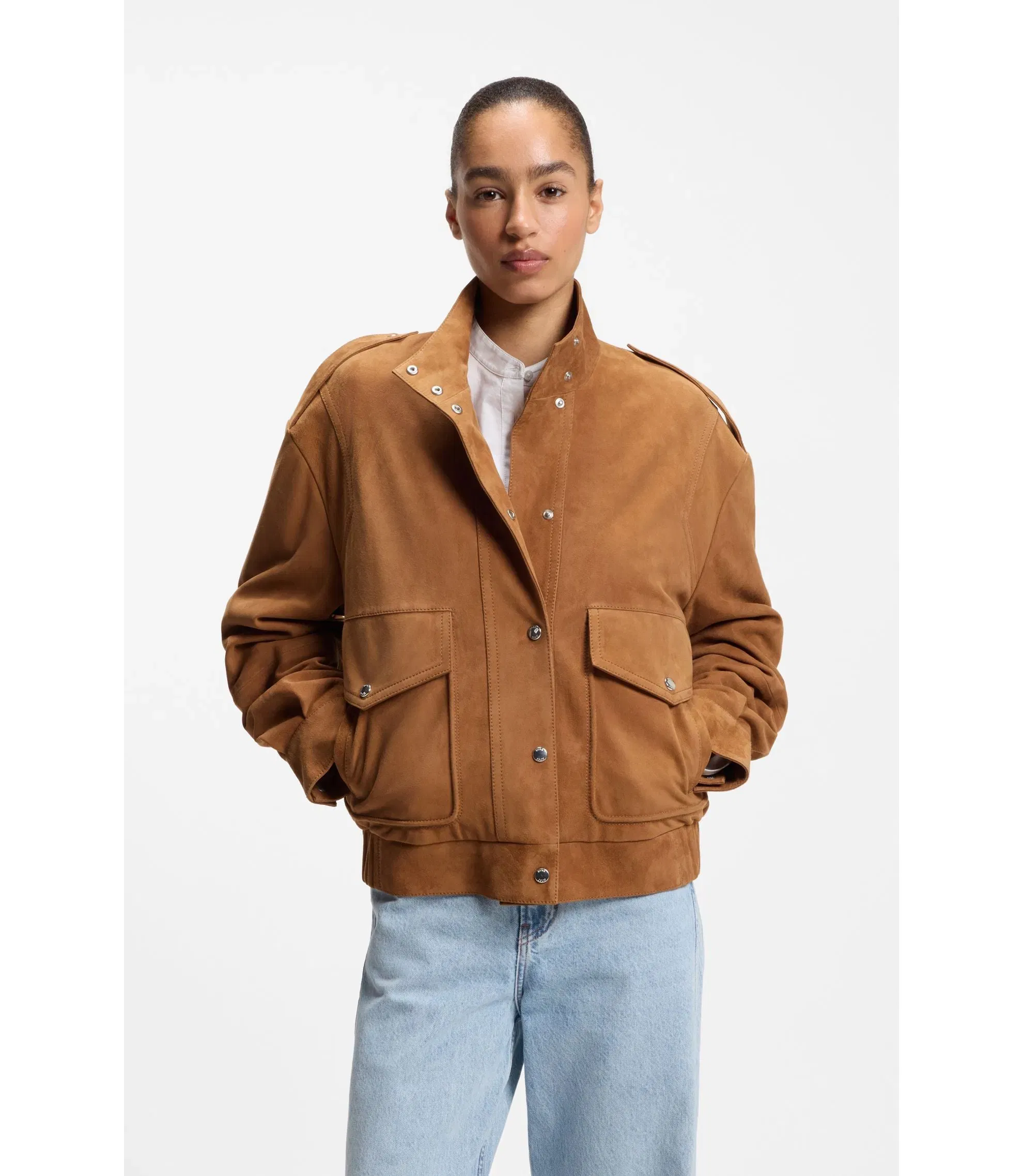 Boss Suede Jacket With Bomber Styling Brown Women's