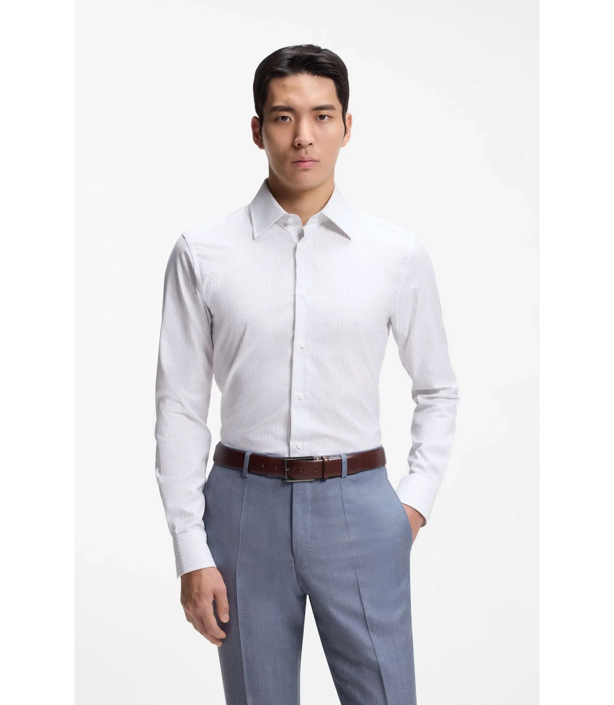 Boss Striped Slim Fit Shirt In Italian Made Cotton Dark Blue
