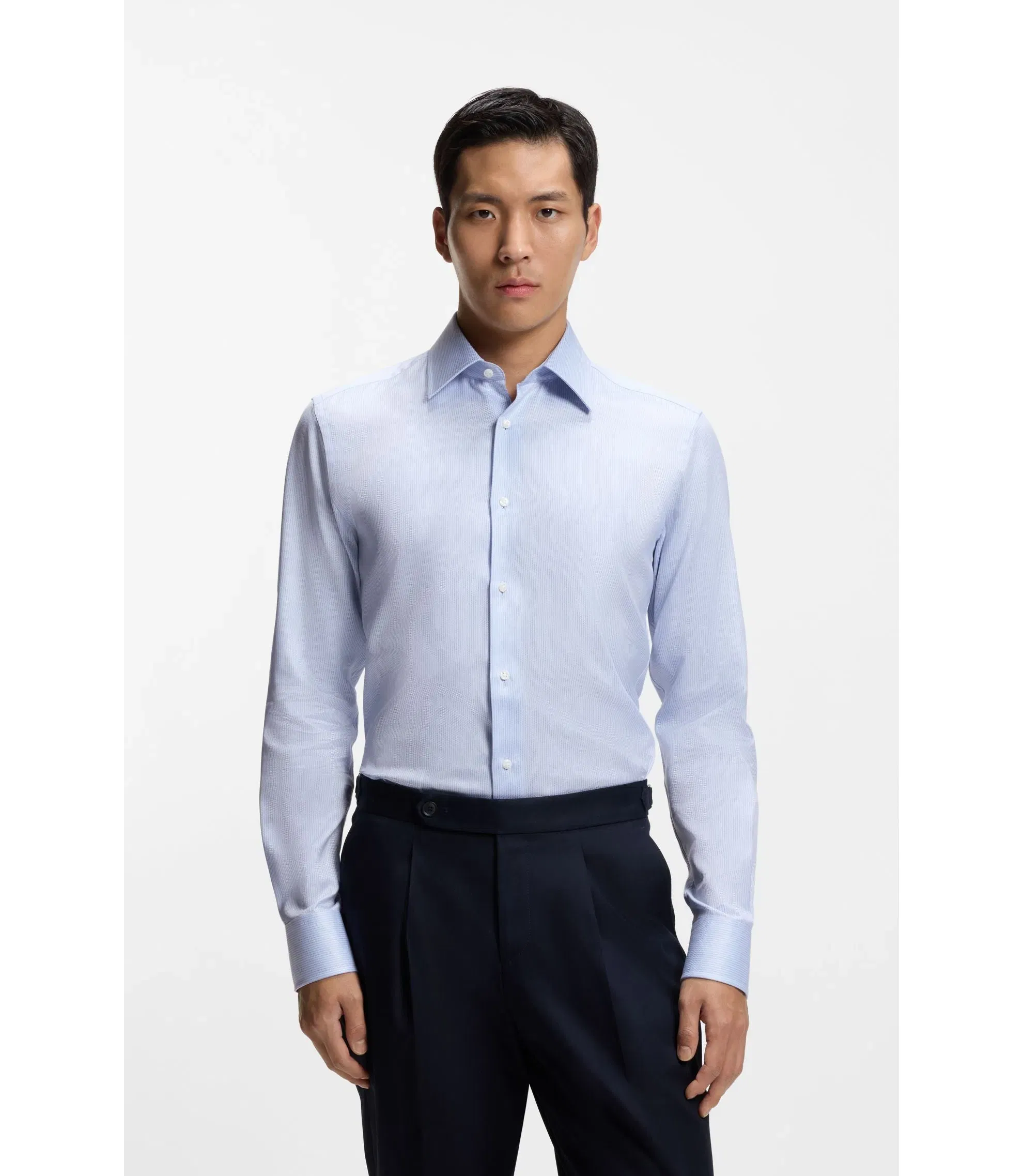 Boss Striped Slim Fit Shirt In Italian Cotton Twill Light Blue