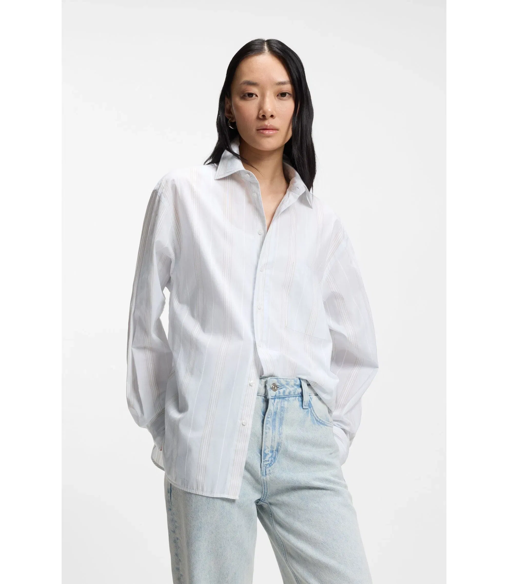 Boss Striped Relaxed Fit Blouse In Cotton Canvas Light Blue Women's
