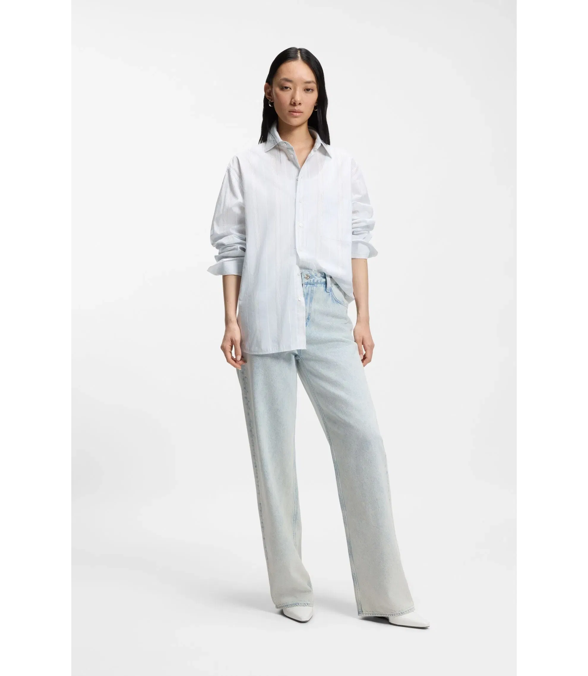 Boss Striped Relaxed Fit Blouse In Cotton Canvas Light Blue Women's