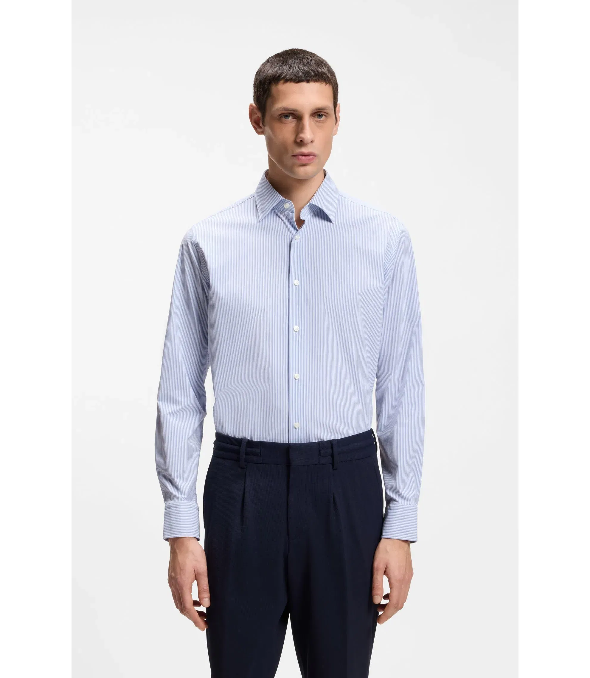 Boss Striped Regular Fit Shirt In Performance Stretch Fabric Light Blue