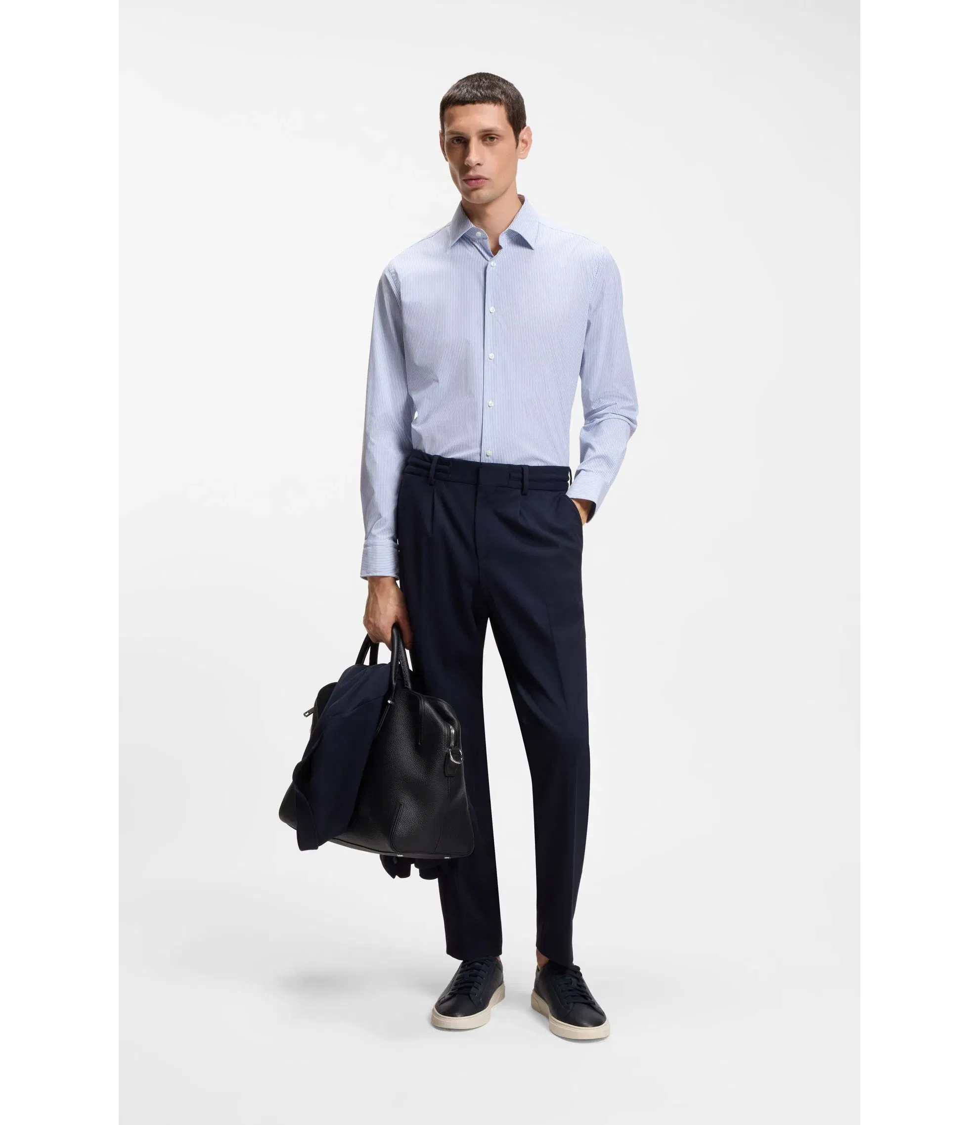 Boss Striped Regular Fit Shirt In Performance Stretch Fabric Light Blue