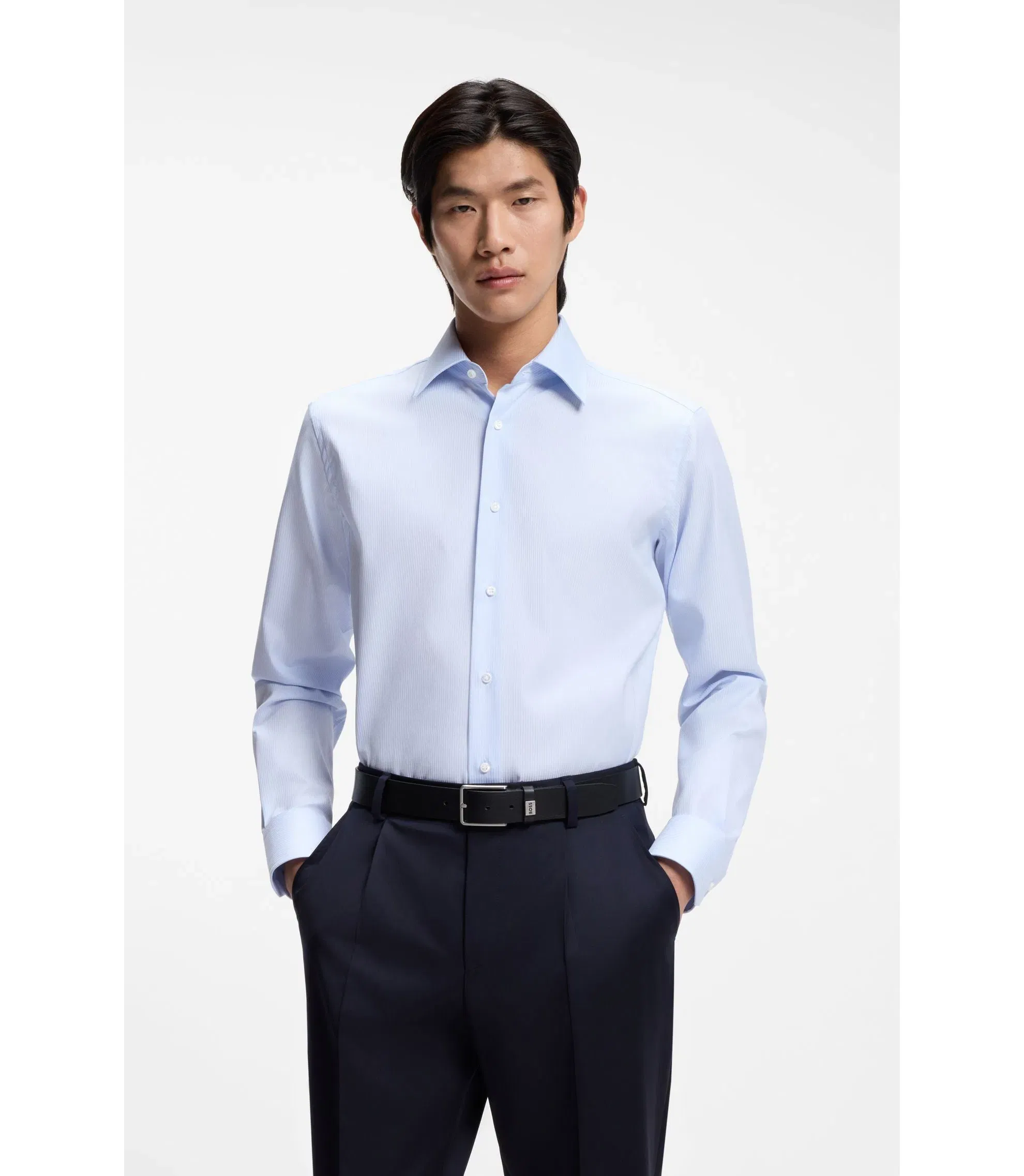 Boss Striped Regular Fit Shirt In Italian Made Cotton Light Blue