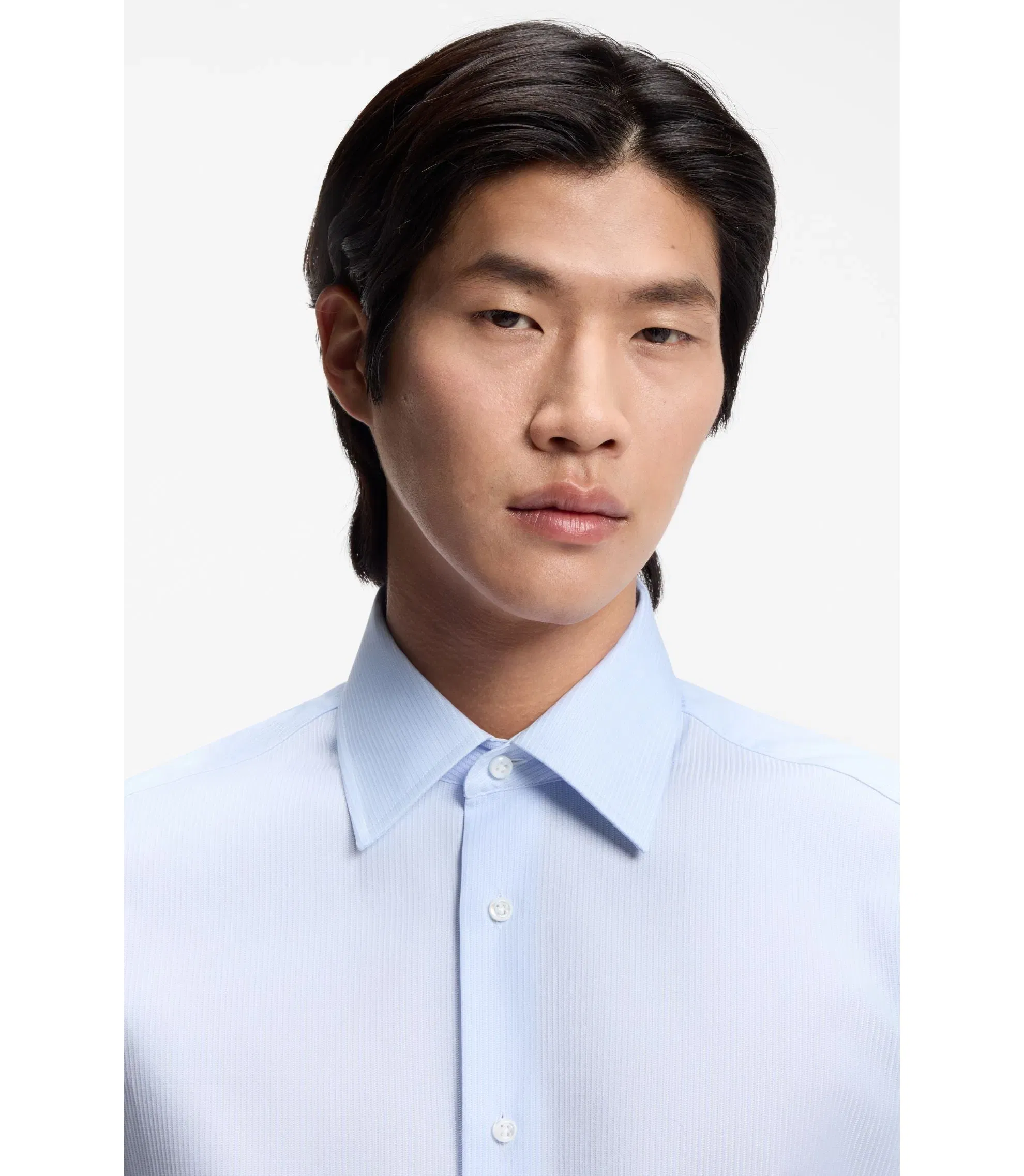 Boss Striped Regular Fit Shirt In Italian Made Cotton Light Blue