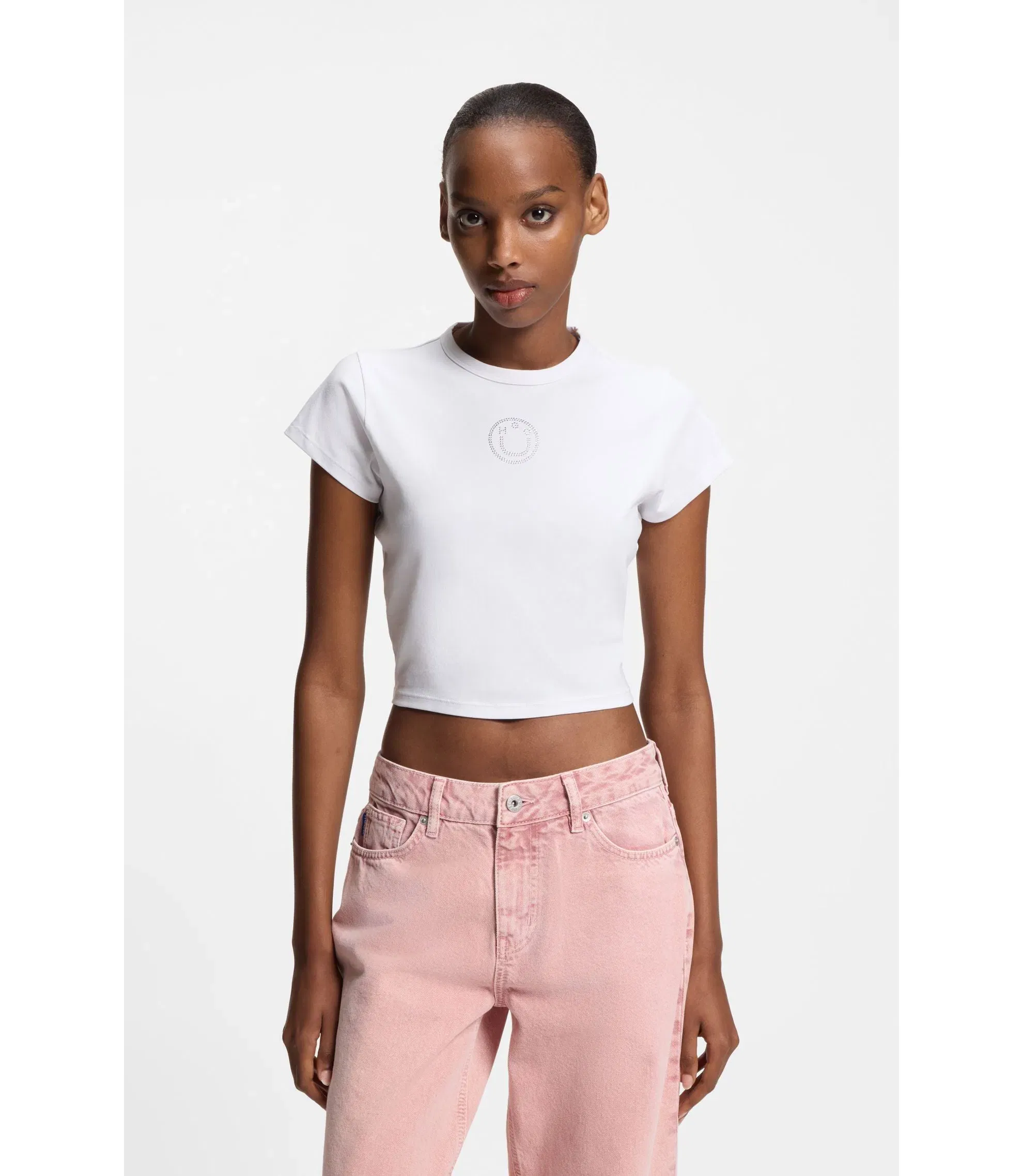 Hugo Stretch Cotton T-Shirt With Rhinestone Happy Hugo White Women's