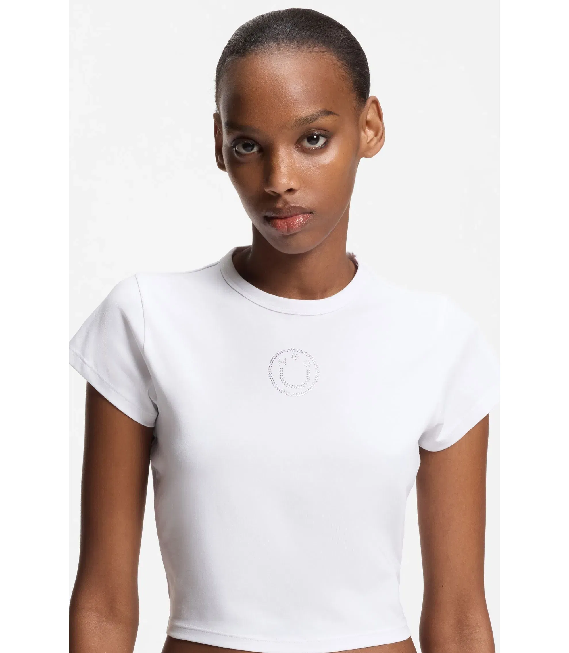 Hugo Stretch Cotton T-Shirt With Rhinestone Happy Hugo White Women's