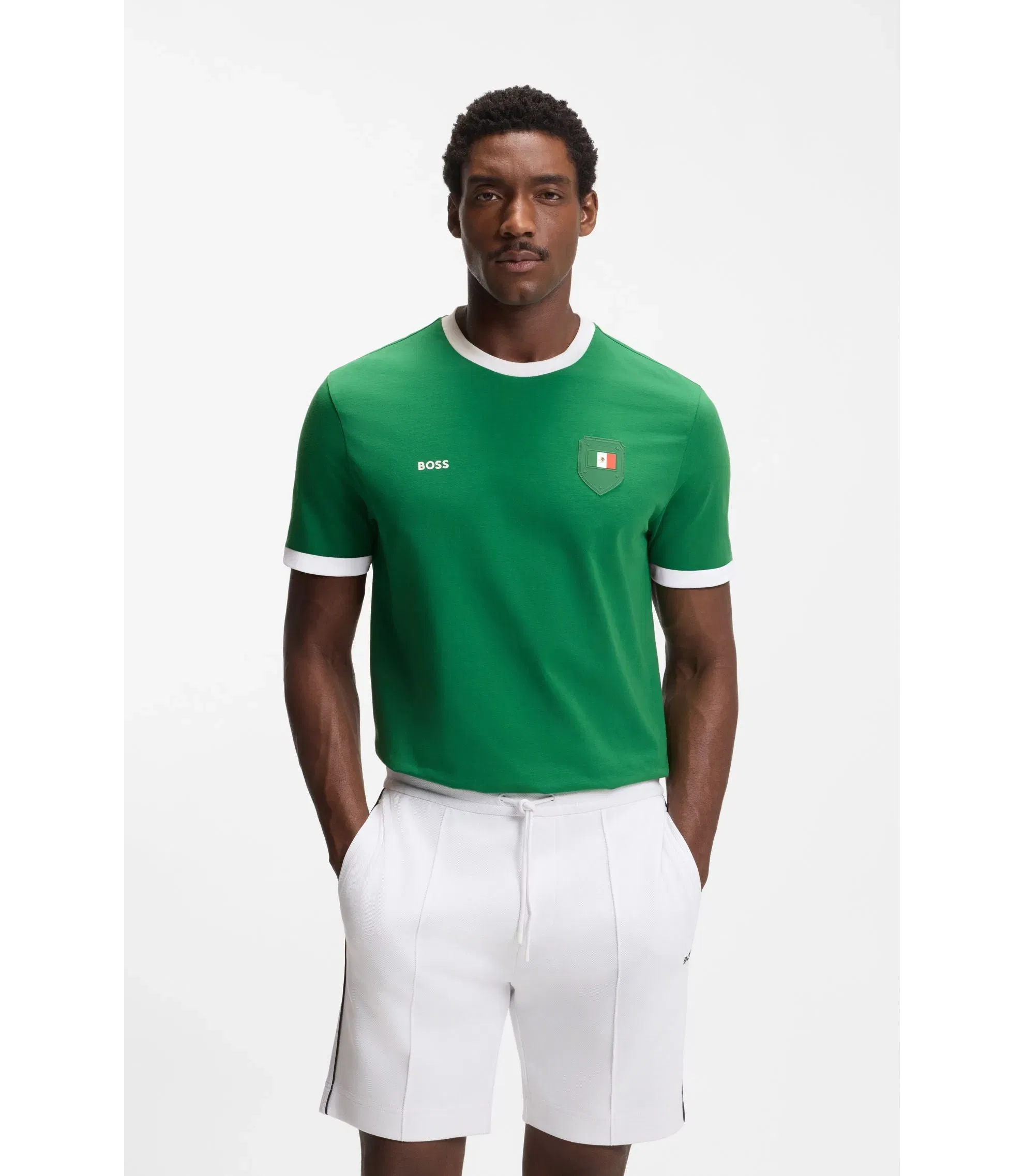 Boss Stretch Cotton T-Shirt With Country Flag And Logo Mexico Green