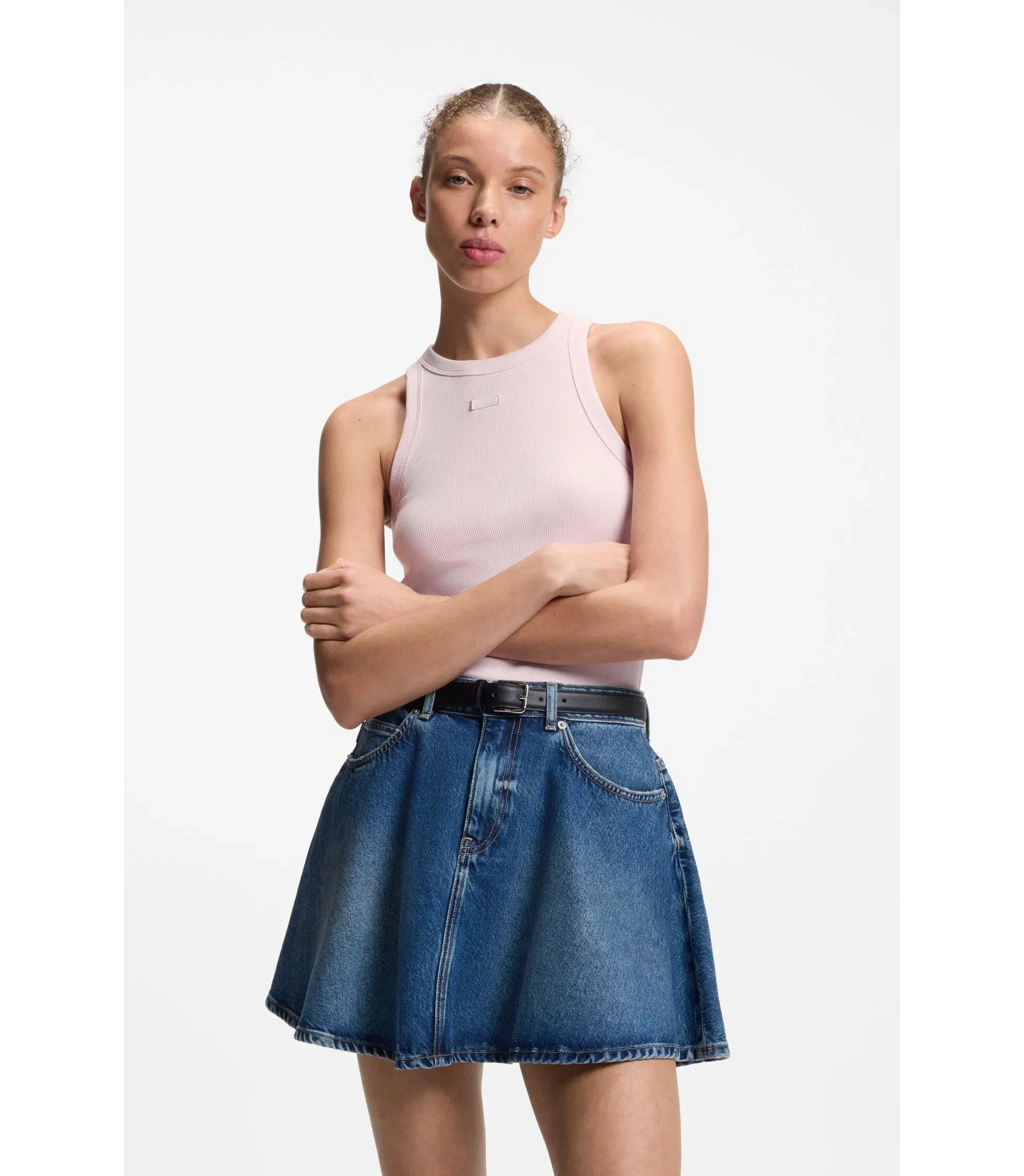 Hugo Stretch Cotton Tank Top With Blue Logo Label Light Pink Women's