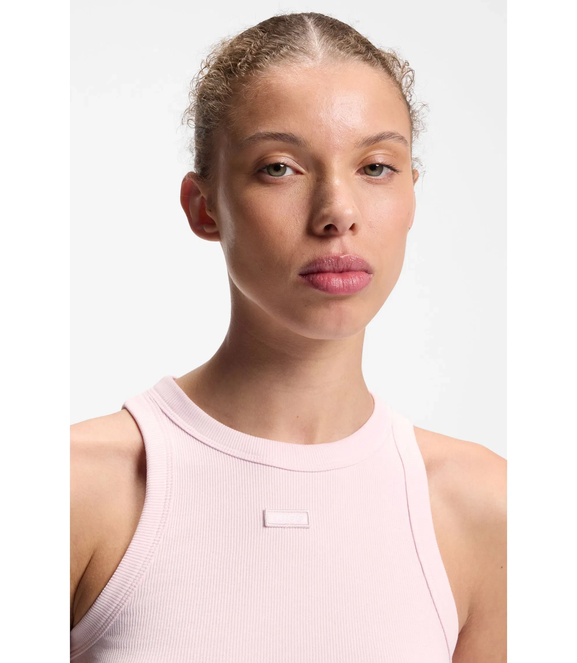 Hugo Stretch Cotton Tank Top With Blue Logo Label Light Pink Women's