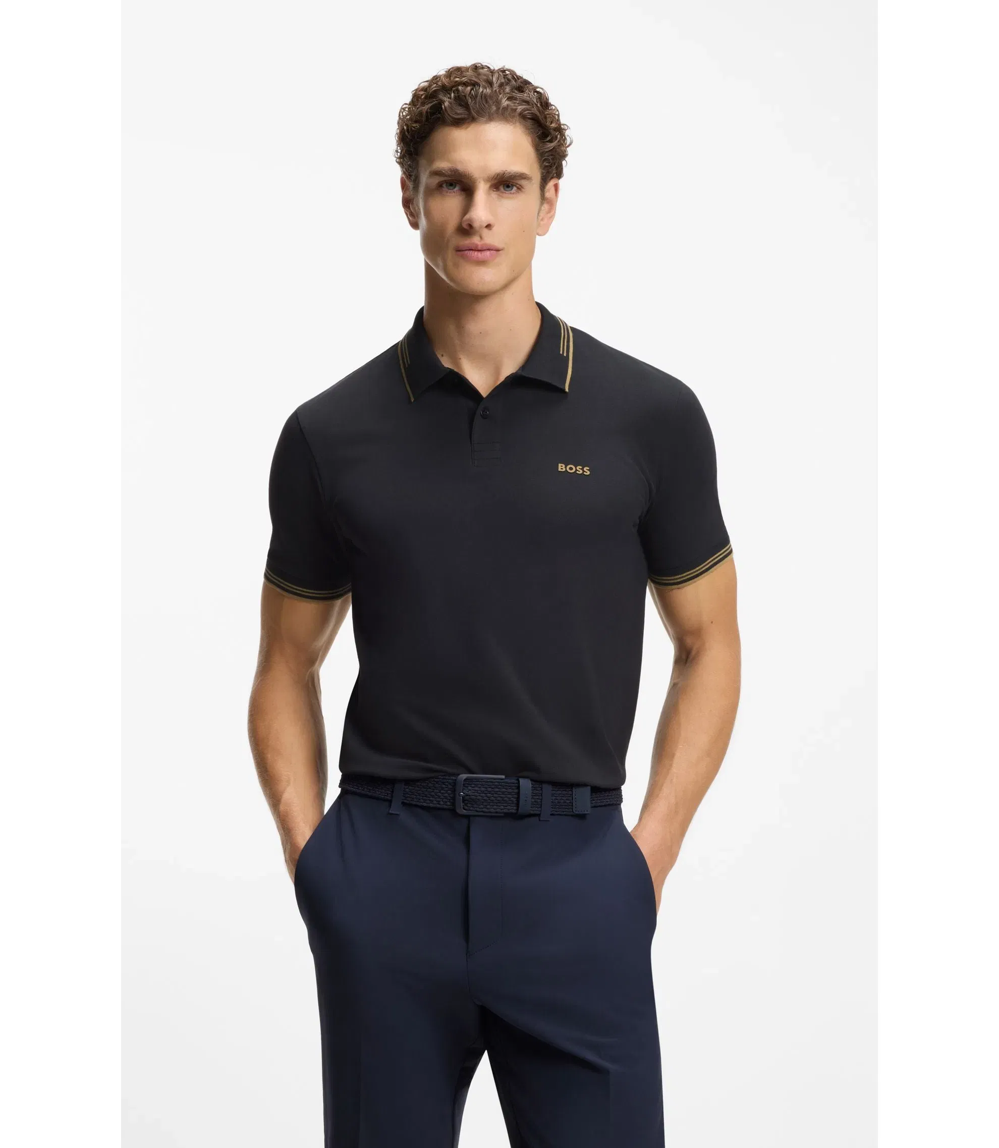 Boss Stretch Cotton Slim Fit Polo Shirt With Branding And Stripes Dark Blue