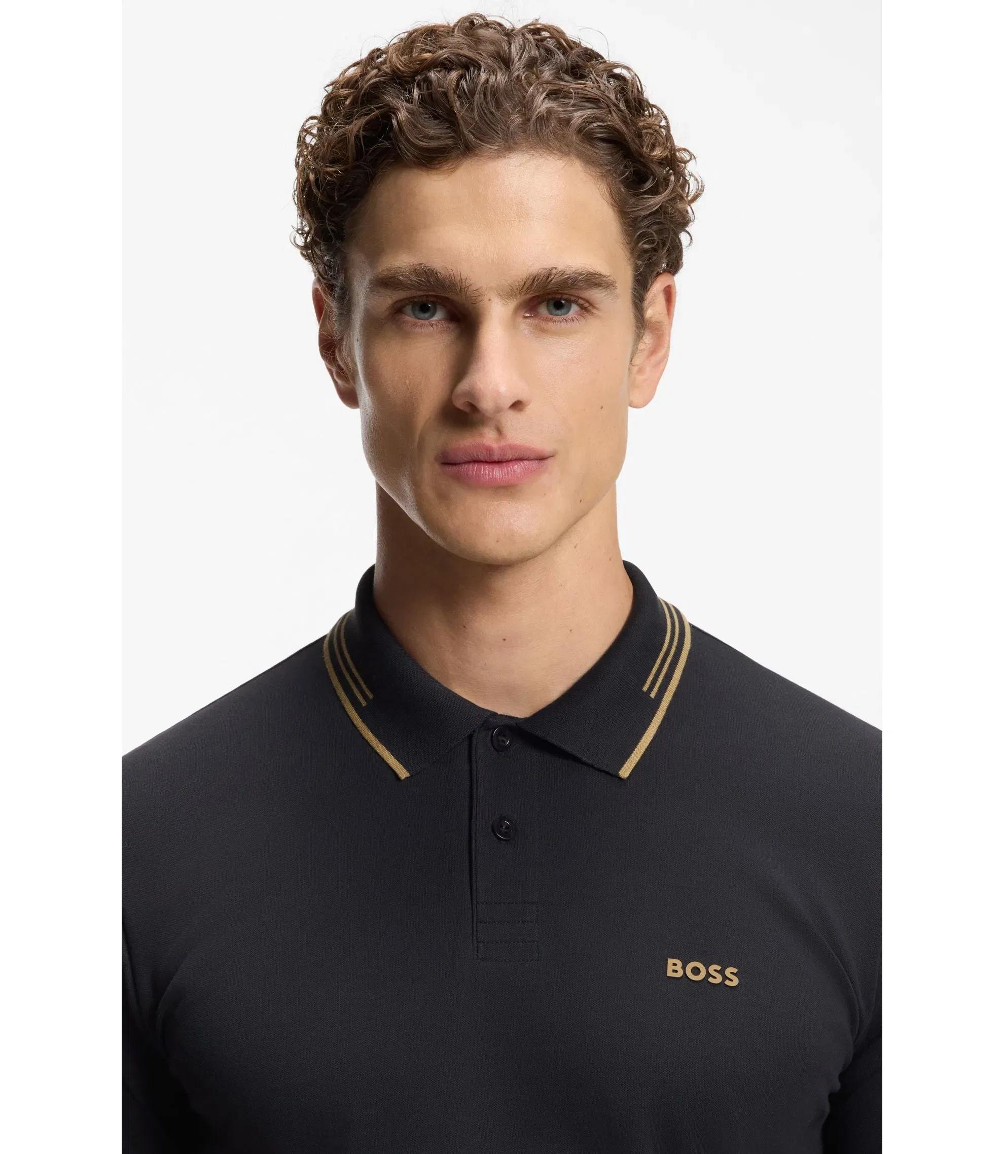 Boss Stretch Cotton Slim Fit Polo Shirt With Branding And Stripes Dark Blue