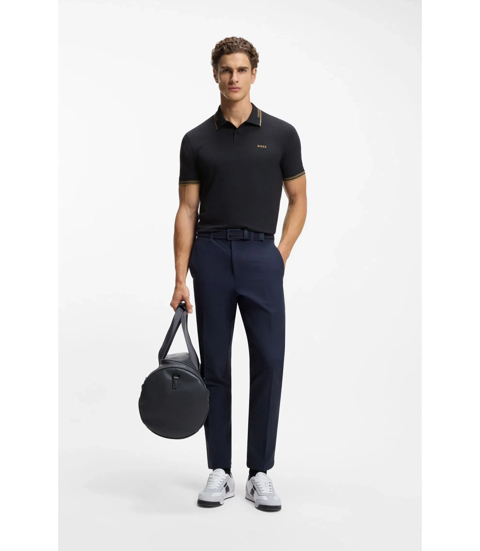 Boss Stretch Cotton Slim Fit Polo Shirt With Branding And Stripes Dark Blue