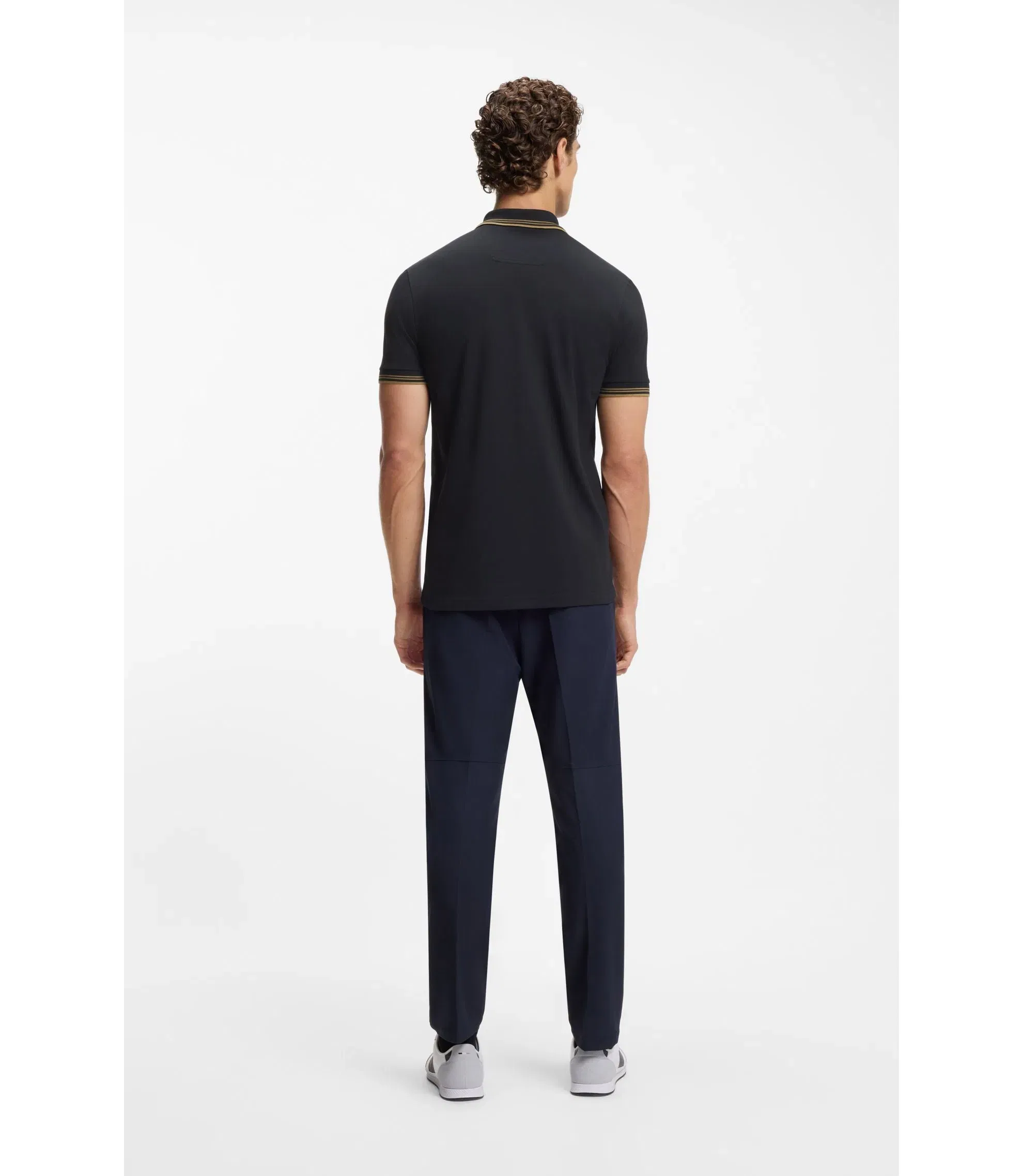 Boss Stretch Cotton Slim Fit Polo Shirt With Branding And Stripes Dark Blue