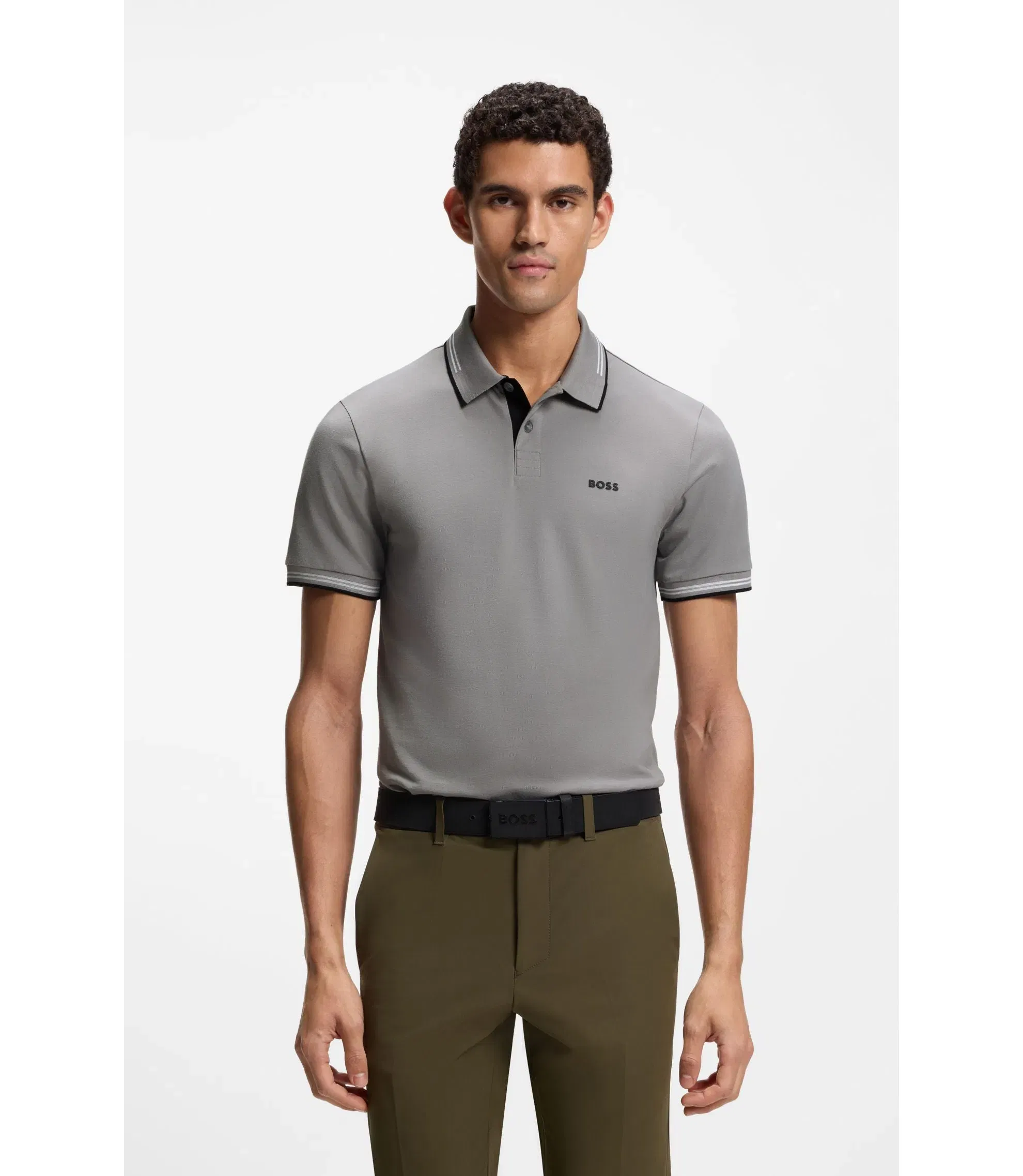 Boss Stretch Cotton Slim Fit Polo Shirt With Branding And Stripes Light Grey