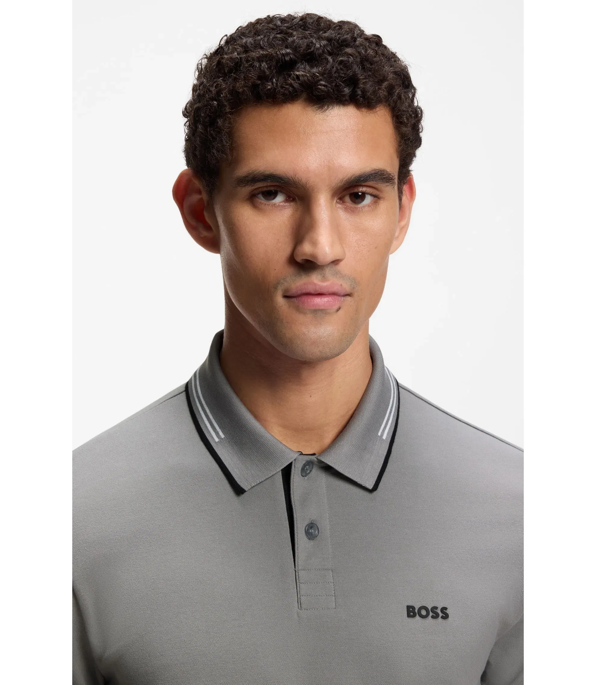 Boss Stretch Cotton Slim Fit Polo Shirt With Branding And Stripes Light Grey