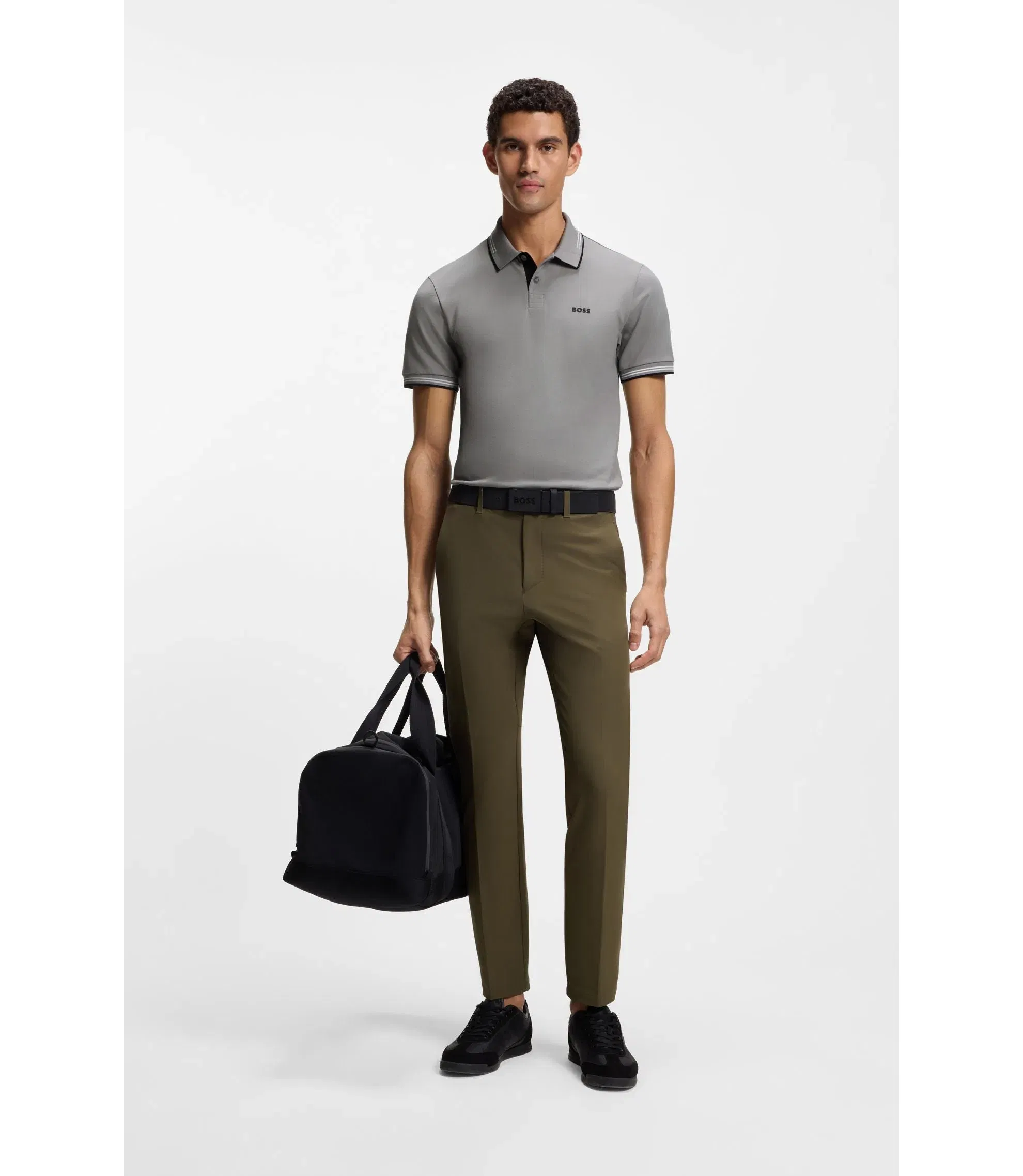 Boss Stretch Cotton Slim Fit Polo Shirt With Branding And Stripes Light Grey