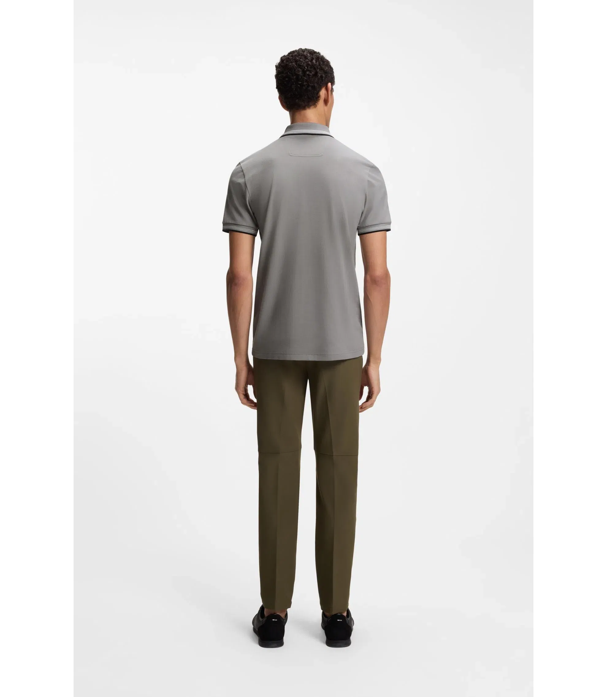 Boss Stretch Cotton Slim Fit Polo Shirt With Branding And Stripes Light Grey