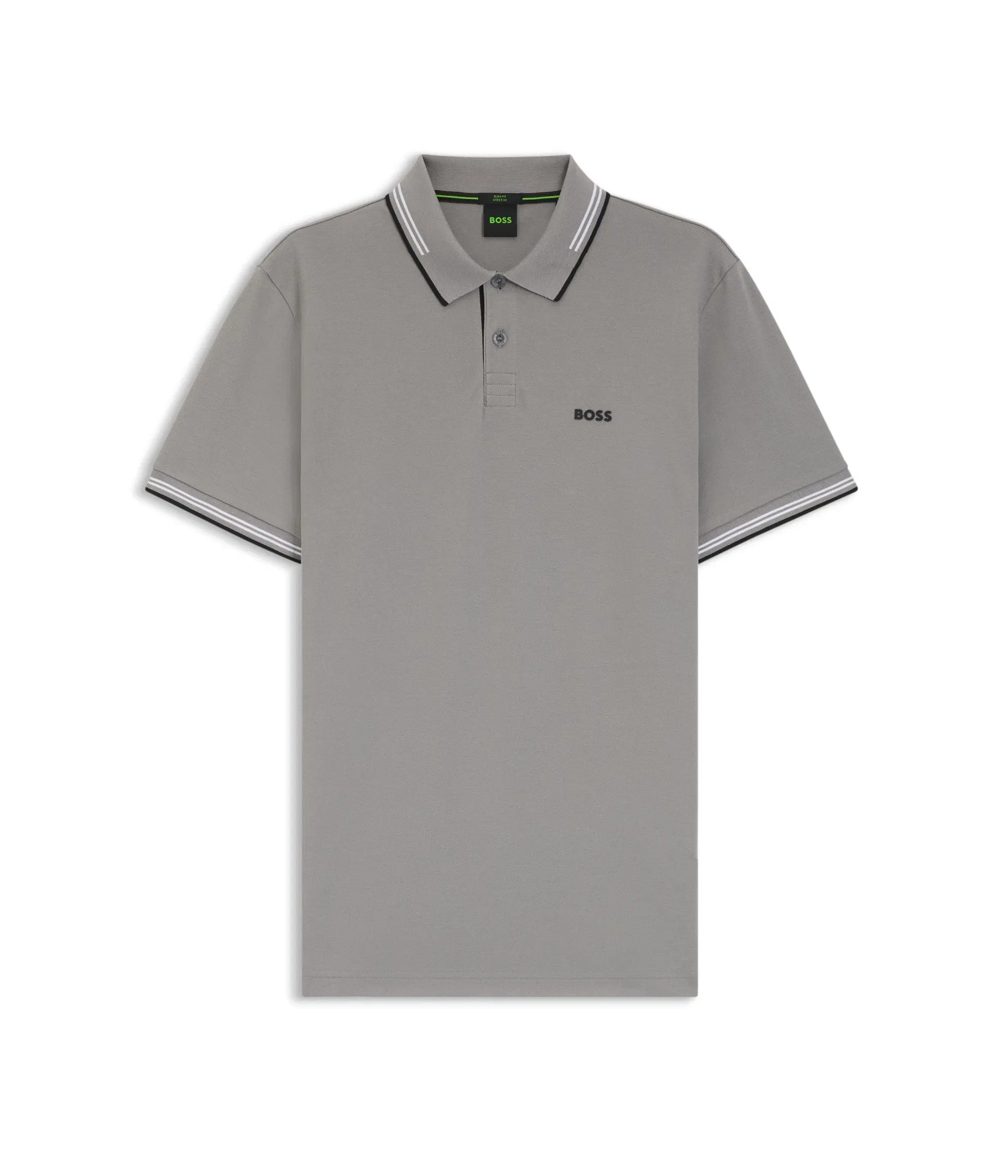 Boss Stretch Cotton Slim Fit Polo Shirt With Branding And Stripes Light Grey
