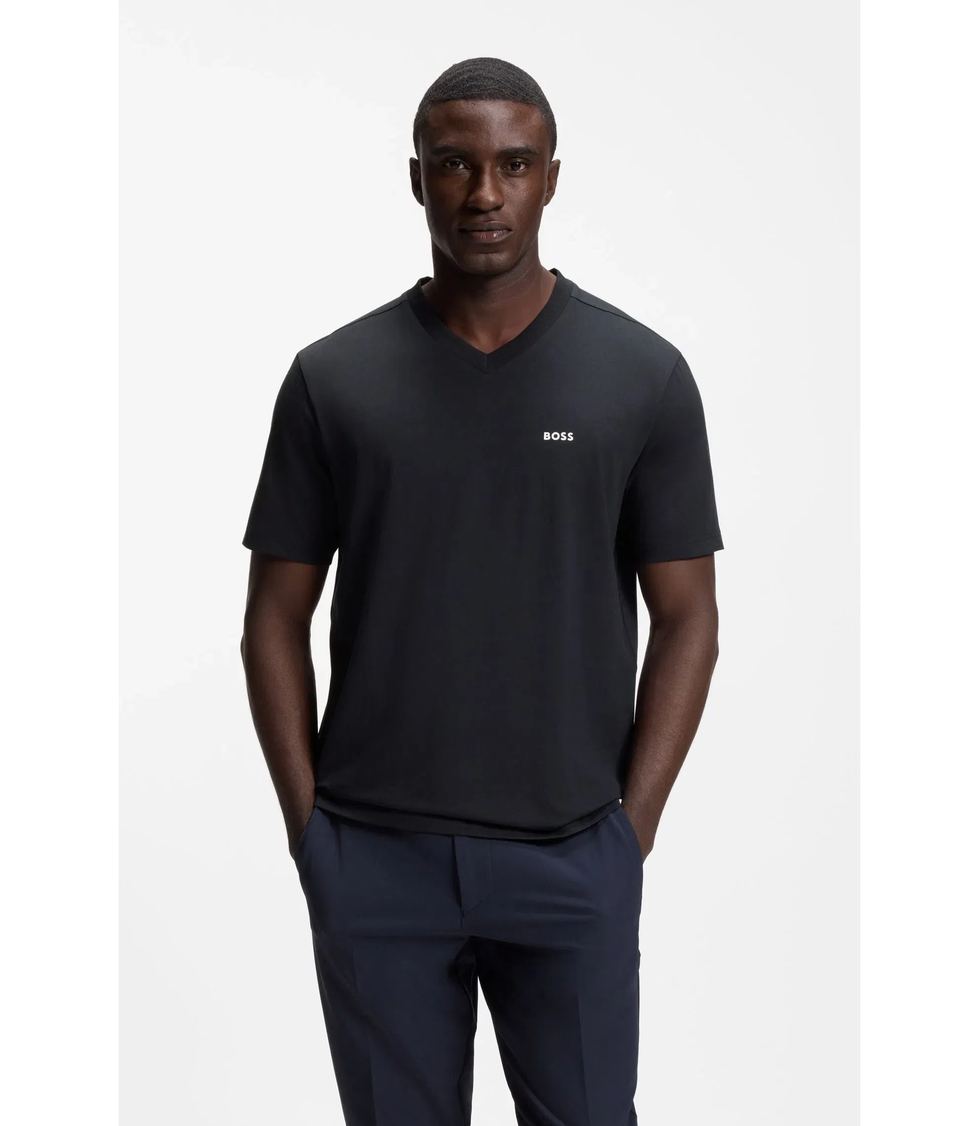 Boss Stretch Cotton Regular Fit T-Shirt With Contrast Logo Dark Blue