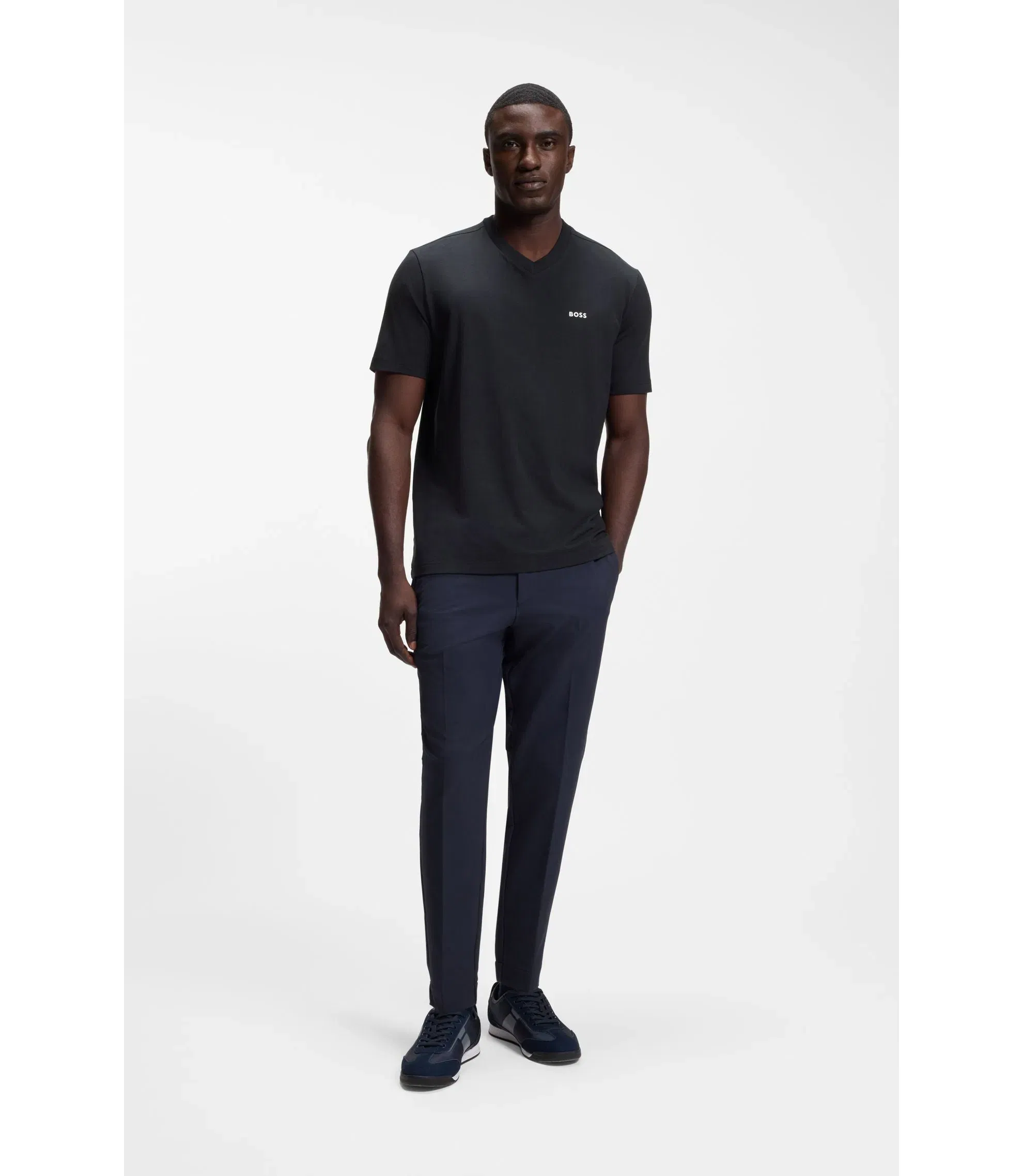Boss Stretch Cotton Regular Fit T-Shirt With Contrast Logo Dark Blue