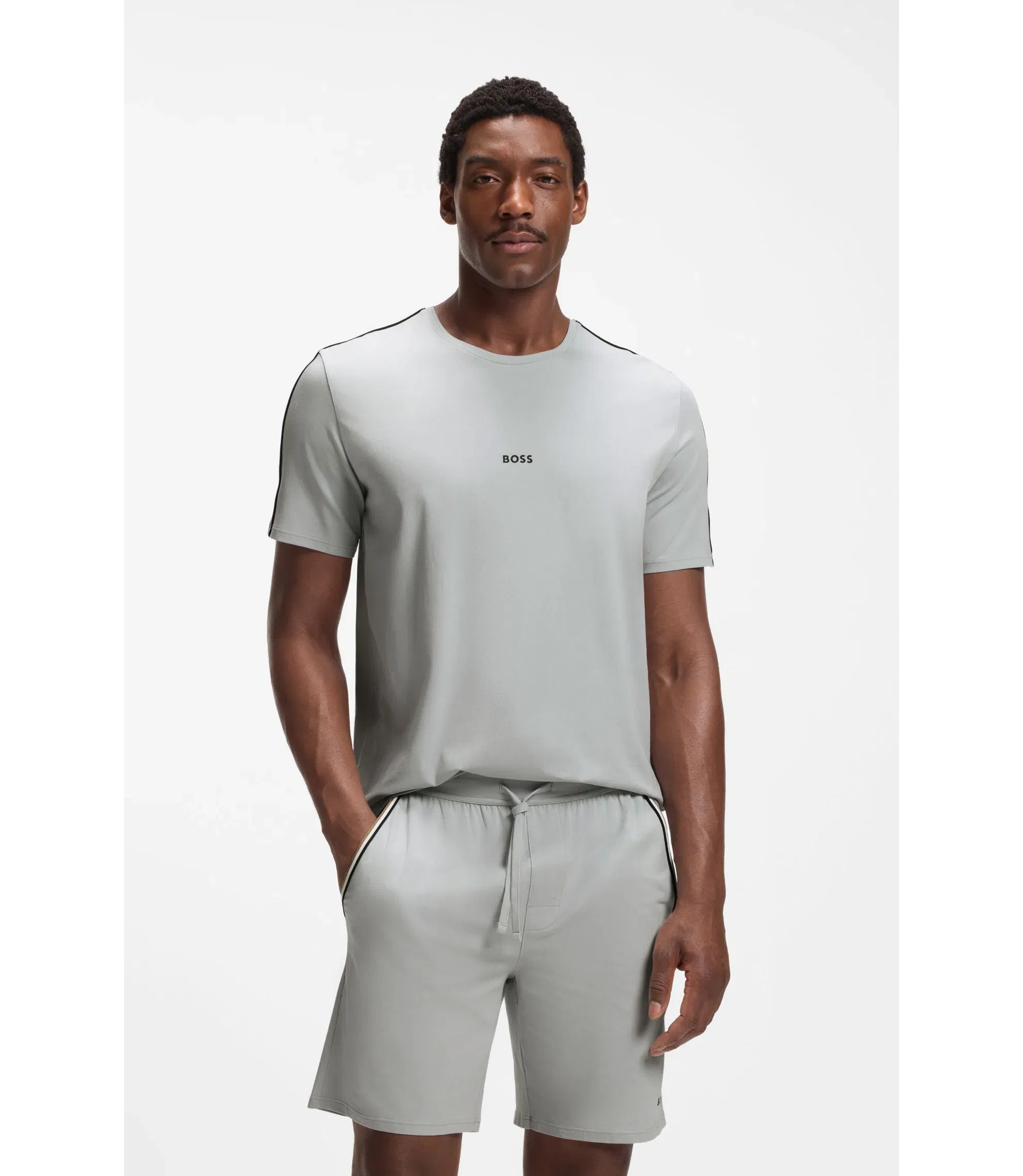 Boss Stretch Cotton Pyjama T-Shirt With Signature Stripe Tape Light Grey